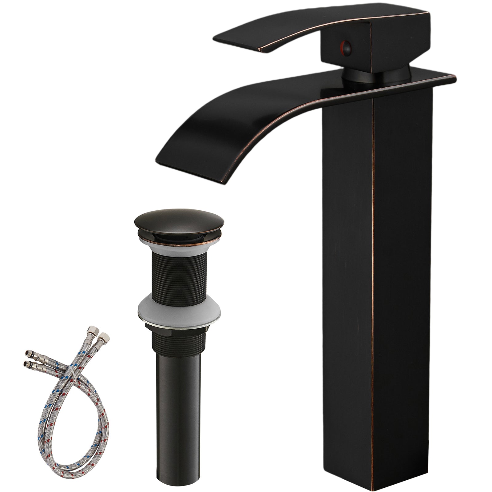 Oil Rubbed Bronze Waterfall Single-Handle Low-Arc Bathroom Faucet with Drain--1