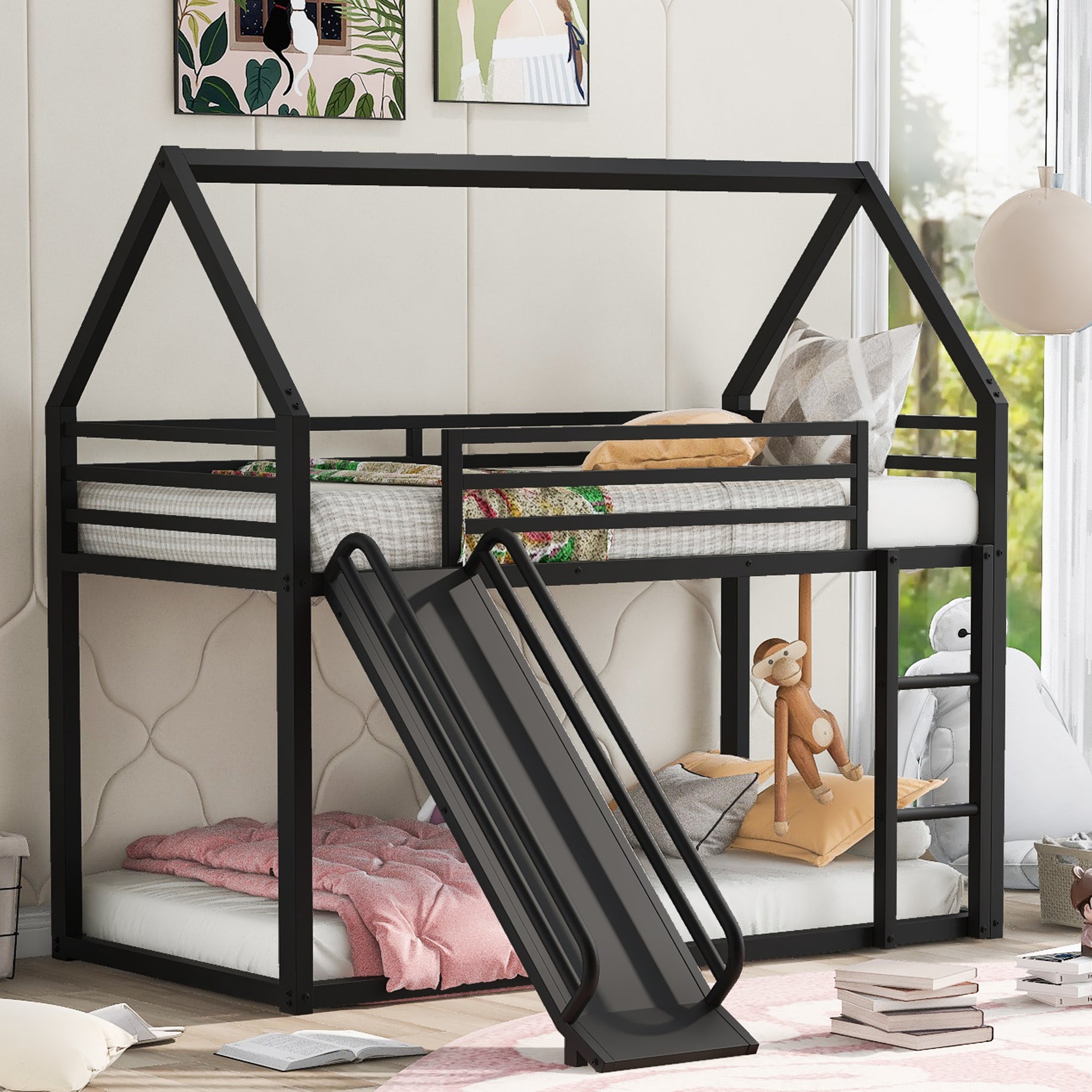 Twin over Twin House Bunk Bed with Ladder and Slide,Black--1