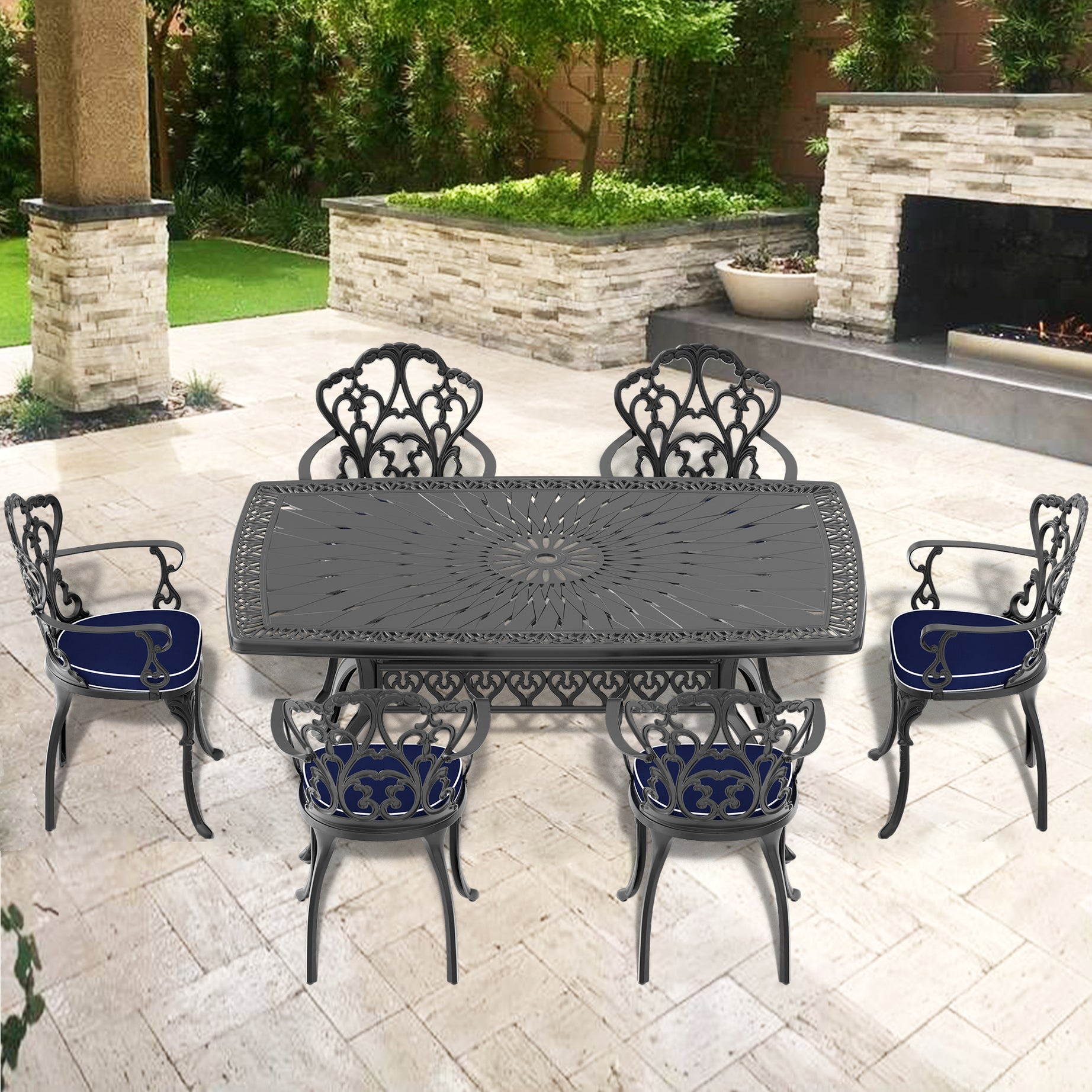 (Cushions In  Random Colors)7-Piece Set Of Cast Aluminum Patio Furniture With  Cushions--1