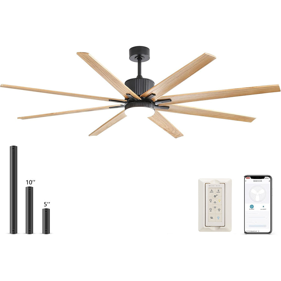 76 Inch Indoor Ceiling Fan With Dimmable 3 Color Led Light 8 Solid Wood Blades Remote Control Reversible DC Motor Black For Home--1