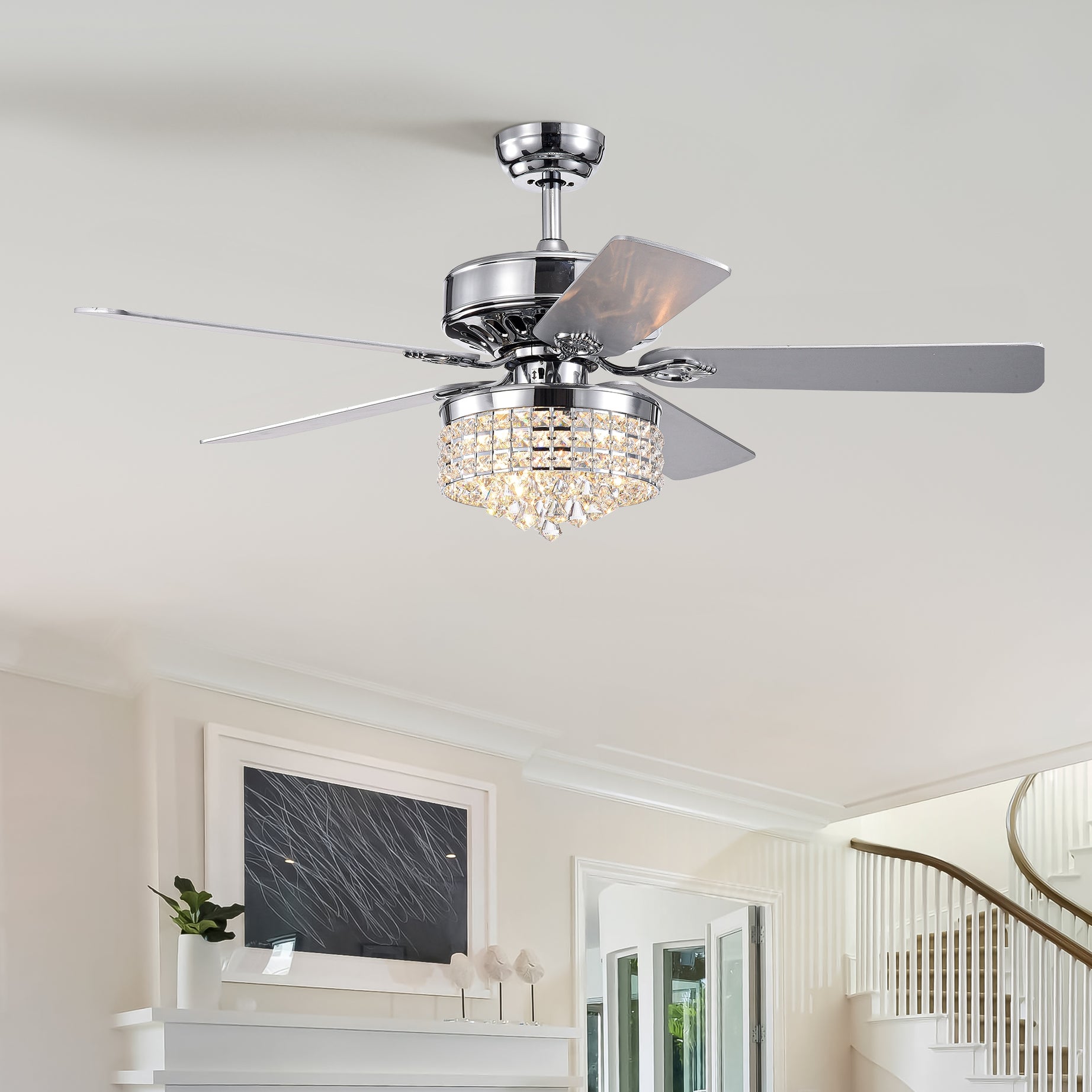 52Inch Crystal Ceiling Fan with Lights, 5 Wood Blades , Modern Fandelier Ceiling Fan with Noiseless Motor, Chandelier Fan with Remote for Bedroom,Living Room--Chrome
3*G9  Bulb--1