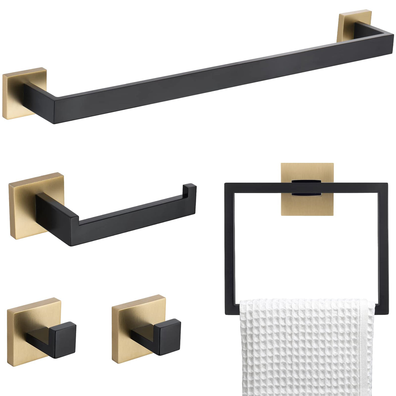 5 PC Bathroom Accessory Set in Black Gold Towel Bar Toilet Paper Holder Hook Towel Ring--1