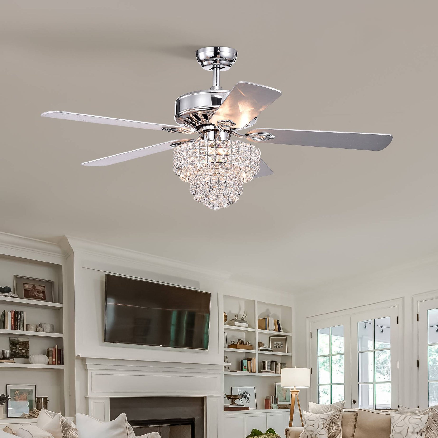 52 INCH  Crystal Ceiling Fan Lamp With Remote Control  3 Speed (High, Mid, Low), 5 Reversible Blades for Living Room, Dining Room, Bedroom, Family Room, Chrome  ,3PCS*E12(NO Include Bulb )--1