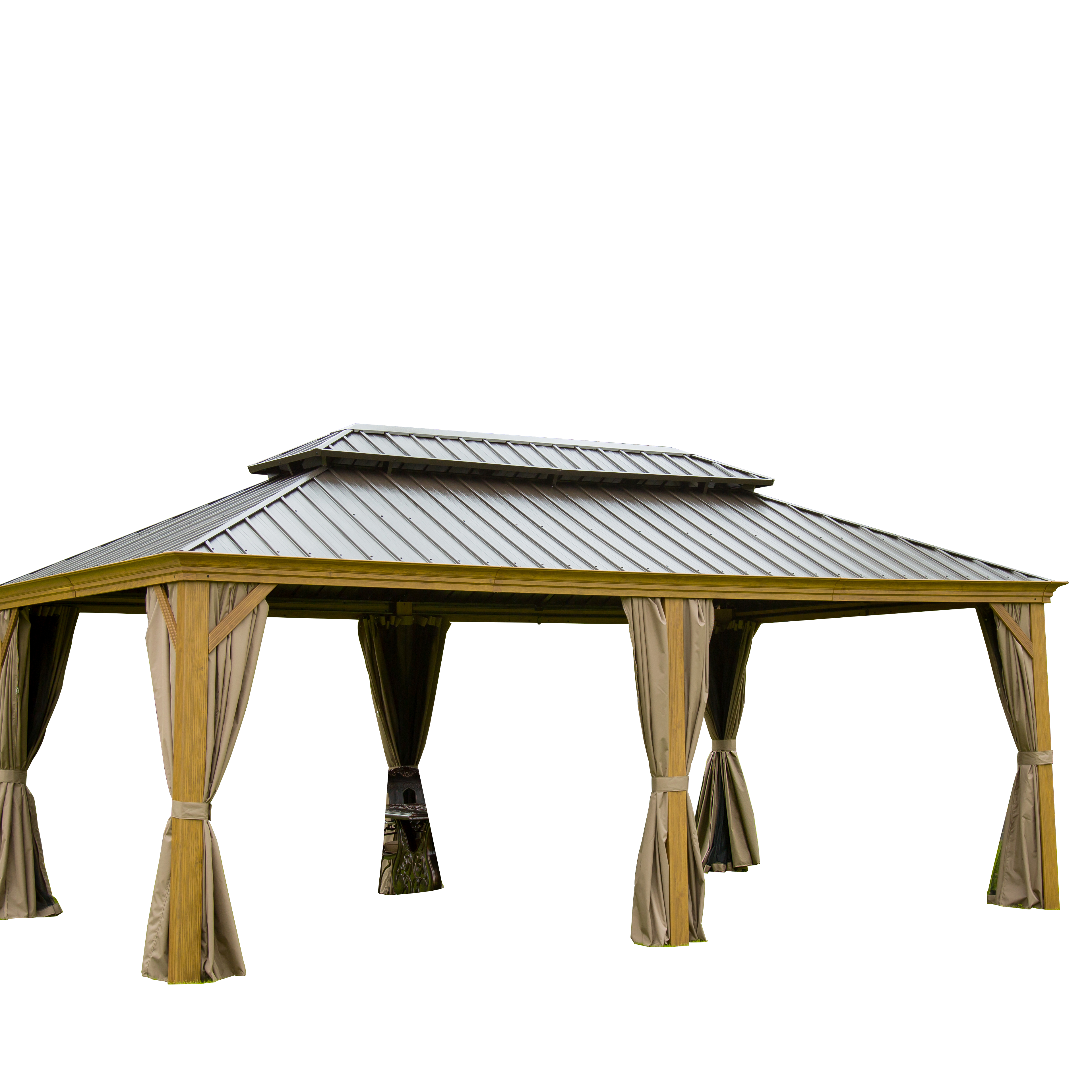 Outdoor Living 14x20FT Hardtop Gazebo, Permanent Metal Gazebo with Galvanized Steel Double Roof and Aluminum Frame, Curtain and Netting, Large Pavilion Gazebo, Wood Looking--1