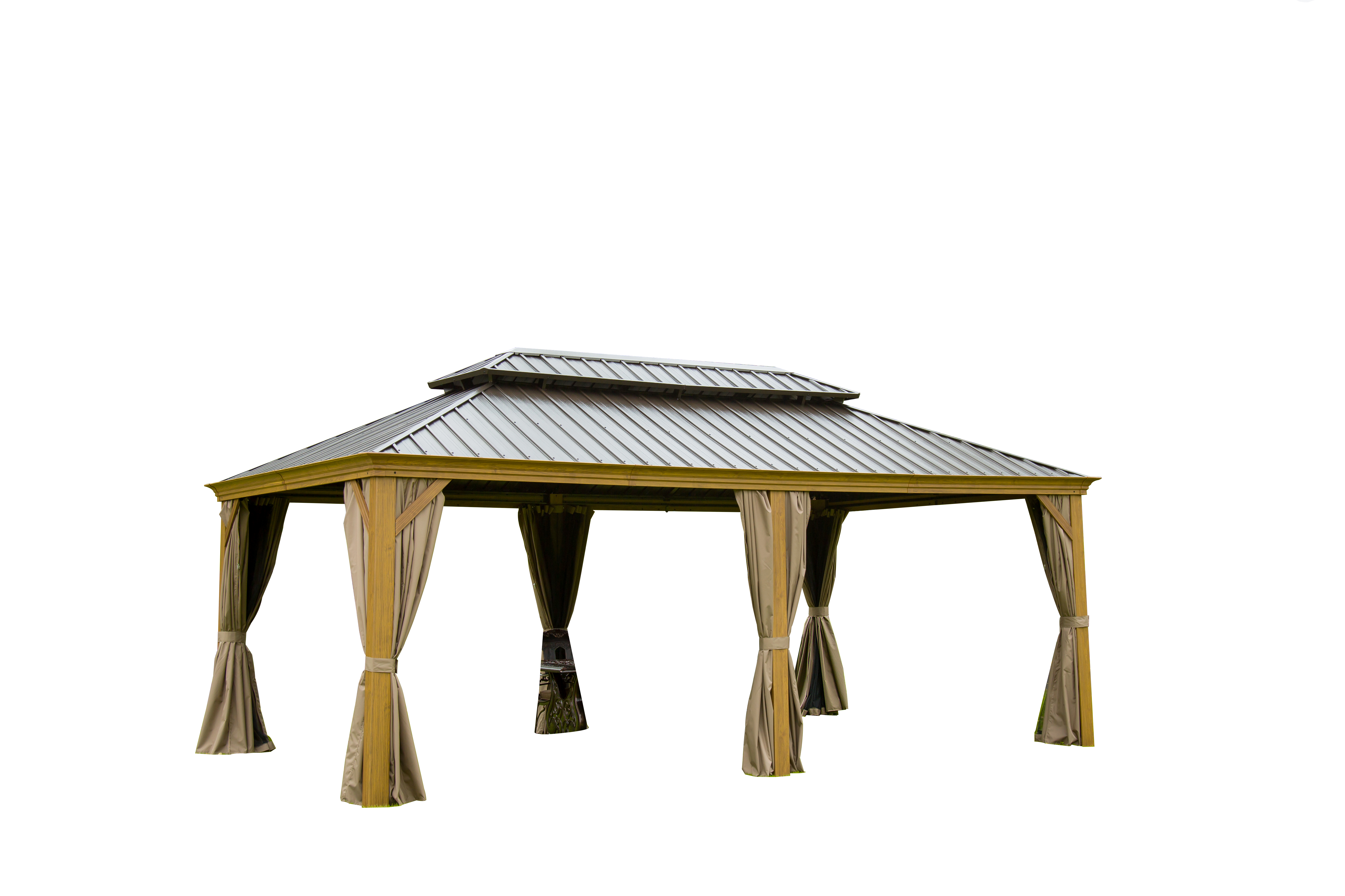 Outdoor Living 14x20FT Hardtop Gazebo, Permanent Metal Gazebo with Galvanized Steel Double Roof and Aluminum Frame, Curtain and Netting, Large Pavilion Gazebo, Wood Looking--1