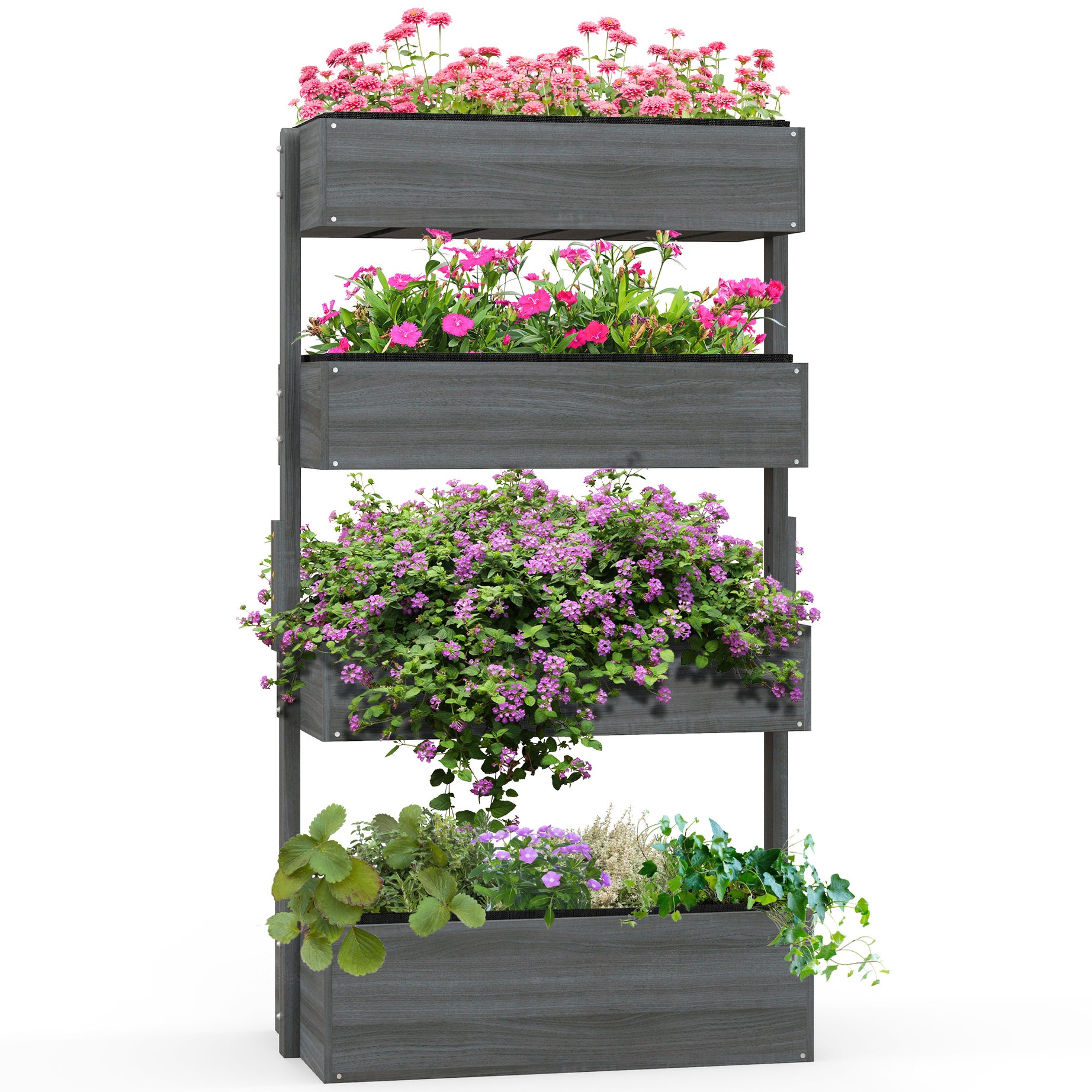 Outsunny Vertical Garden Planter, Wooden 4 Tier Planter Box, Self-Draining with Non-Woven Fabric for Outdoor Flowers, Vegetables and Herbs, Gray--1