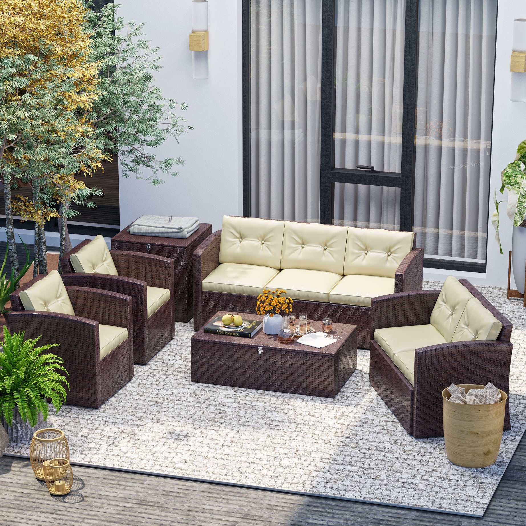 Sunscape  6 Piece Storage Table Patio Furniture Wicker Conversation Set, Brown Wicker / Beige--1