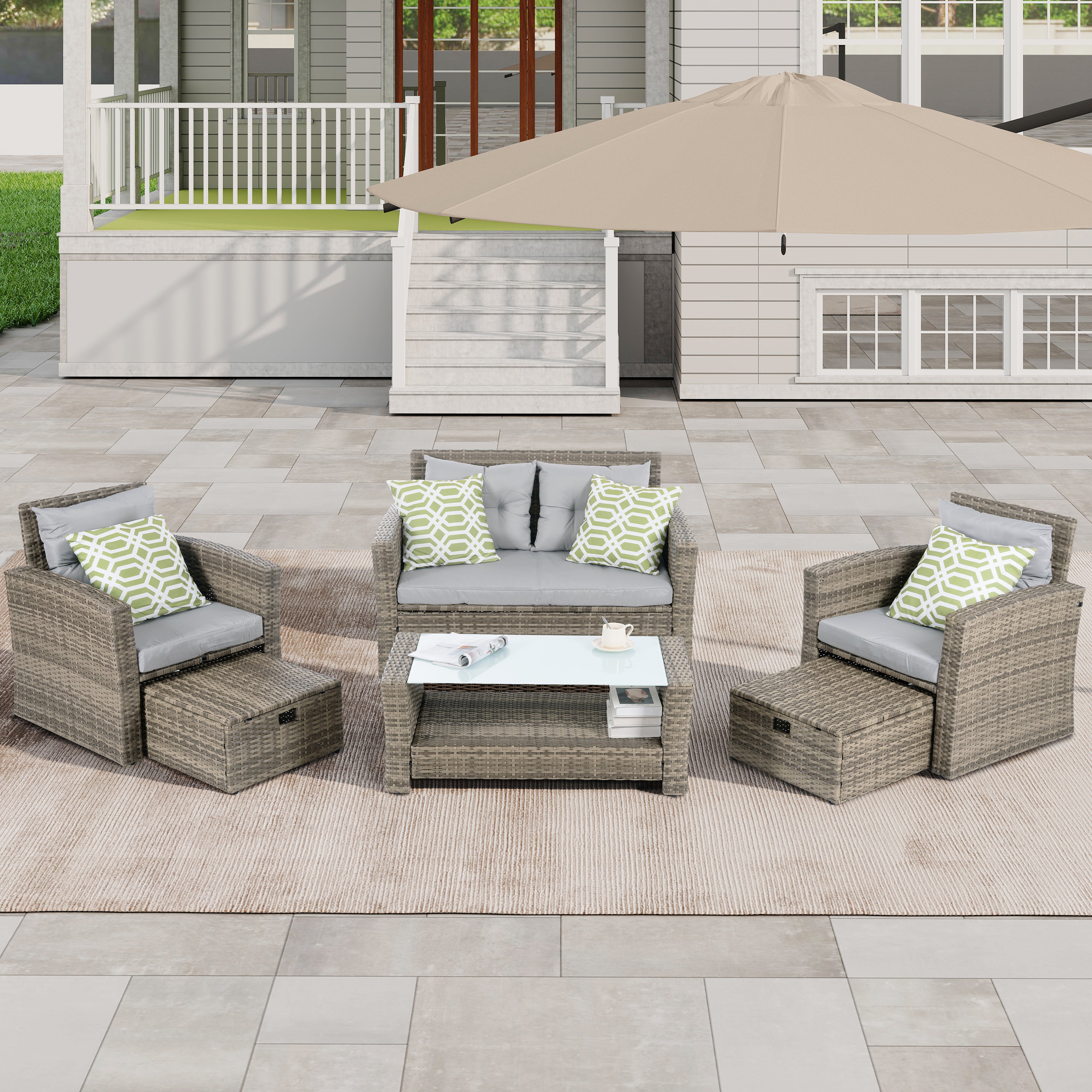 Patio Furniture, Outdoor Furniture, Seasonal PE Wicker Furniture, 6 Set Wicker Furniture With Tempered Glass Coffee Table--1