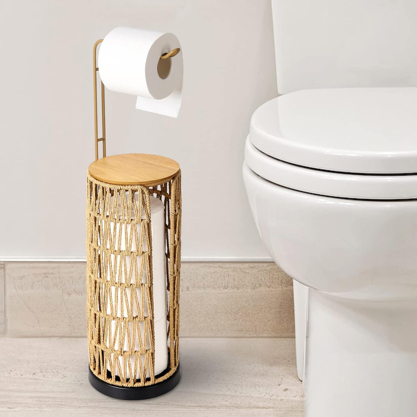 Freestanding Toilet Paper Holder with Storage,3 Rolls of Tissue Holder for Bathroom,Handmade Woven Toilet Paper Roll Holder Stand,Rattan Sturdy Boho Bathroom Decor Farmhouse Toilet Paper Storage--1