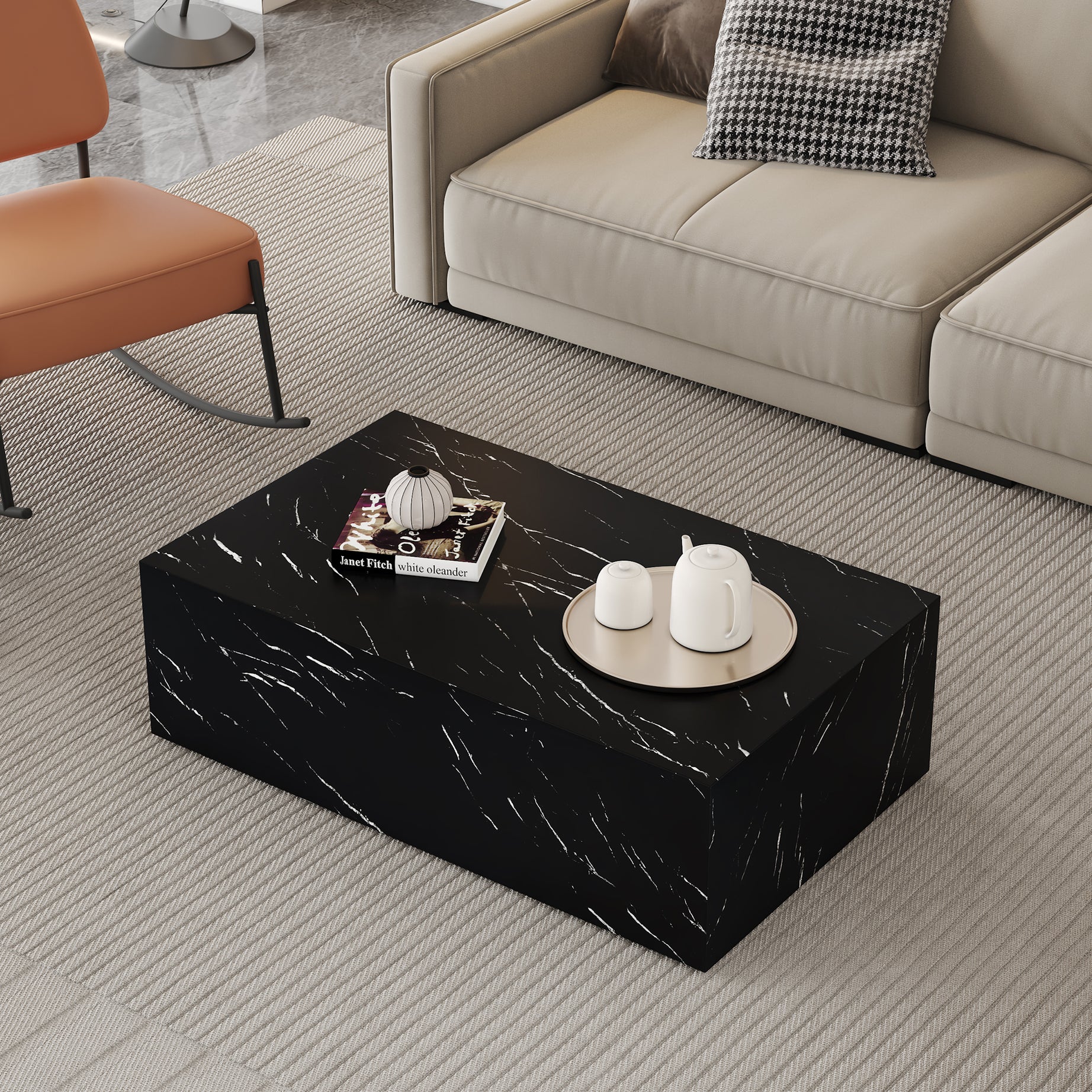 Enhance your living space with this modern MDF coffee table featuring a sleek black texture pattern. Measuring 39.3x23.6x11.8 inches, it boasts a stylish and durable design.--1