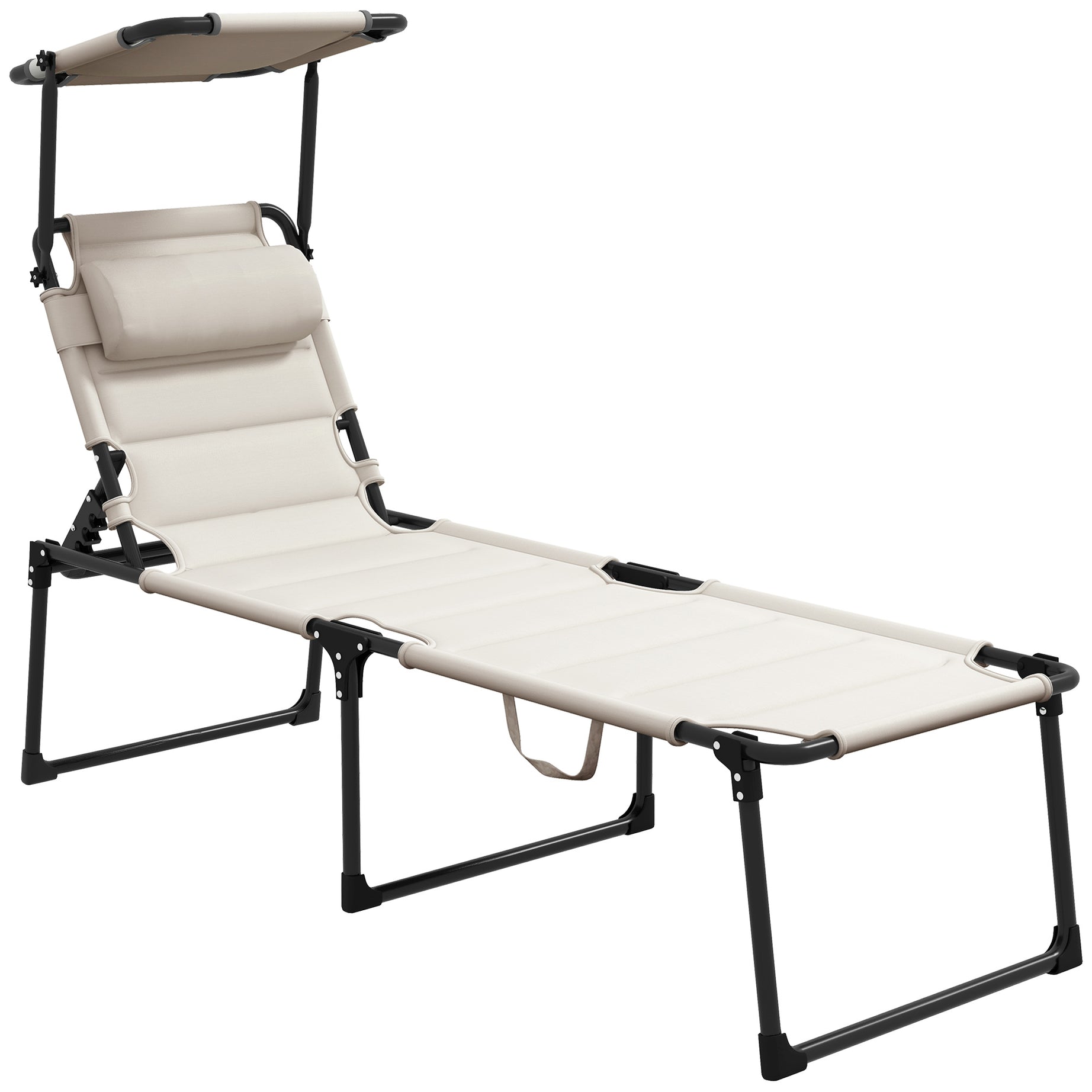 Outsunny Outdoor Lounge Chair, Adjustable Backrest Folding Chaise Lounge, Cushioned Tanning Chair w/Sunshade Roof & Pillow Headrest for Beach, Camping, Hiking, Cream White--1