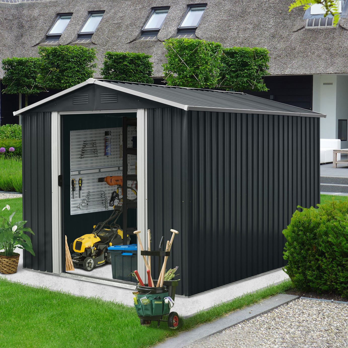 8ft x 10ft Outdoor Metal Storage Shed with Floor Base,Black--1