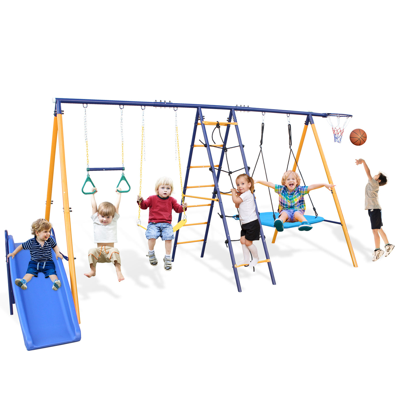 500 lbs 7 in 1 Swing Set for Kids Backyard Outdoor A-Frame Heavy-Duty Metal Swing Sets with Slide, 2 Swing Seats, 1 Climbing Net & Ladder, 1 Gym Ring, 1 Basket--1