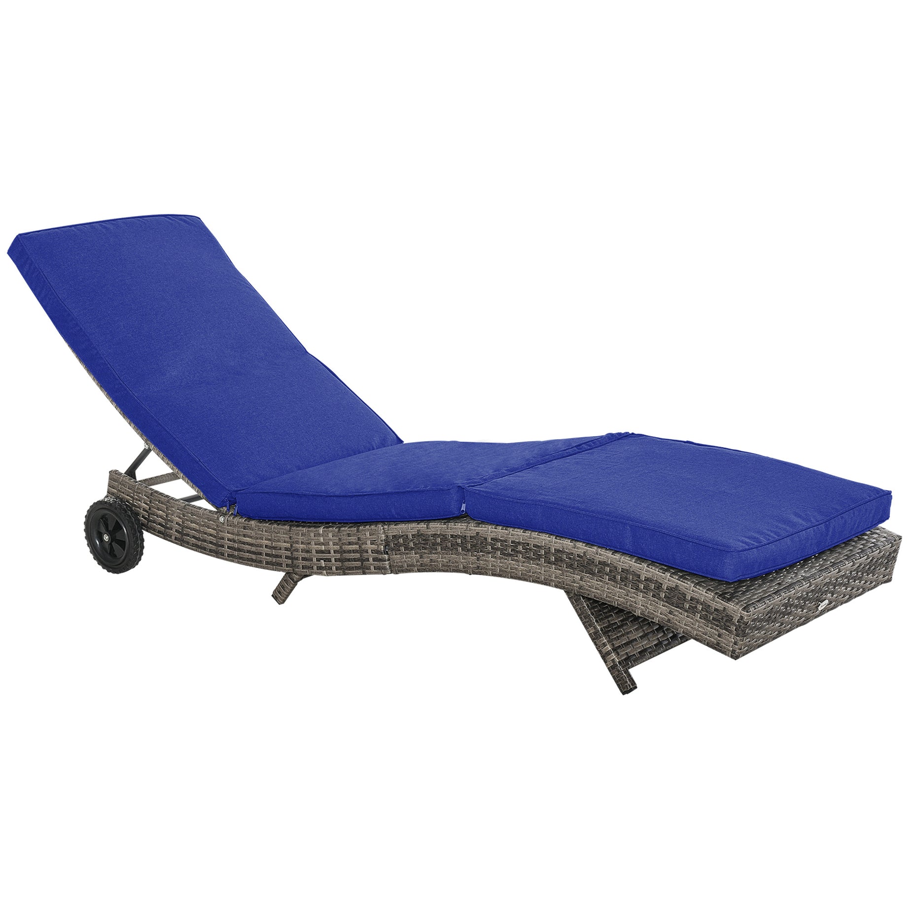 Outsunny Chaise Lounge Pool Chair, Outdoor PE Rattan Cushioned Patio Sun Lounger w/ 5-Level Adjustable Backrest & Wheels for Easy Movement, Wicker, Dark Blue--1