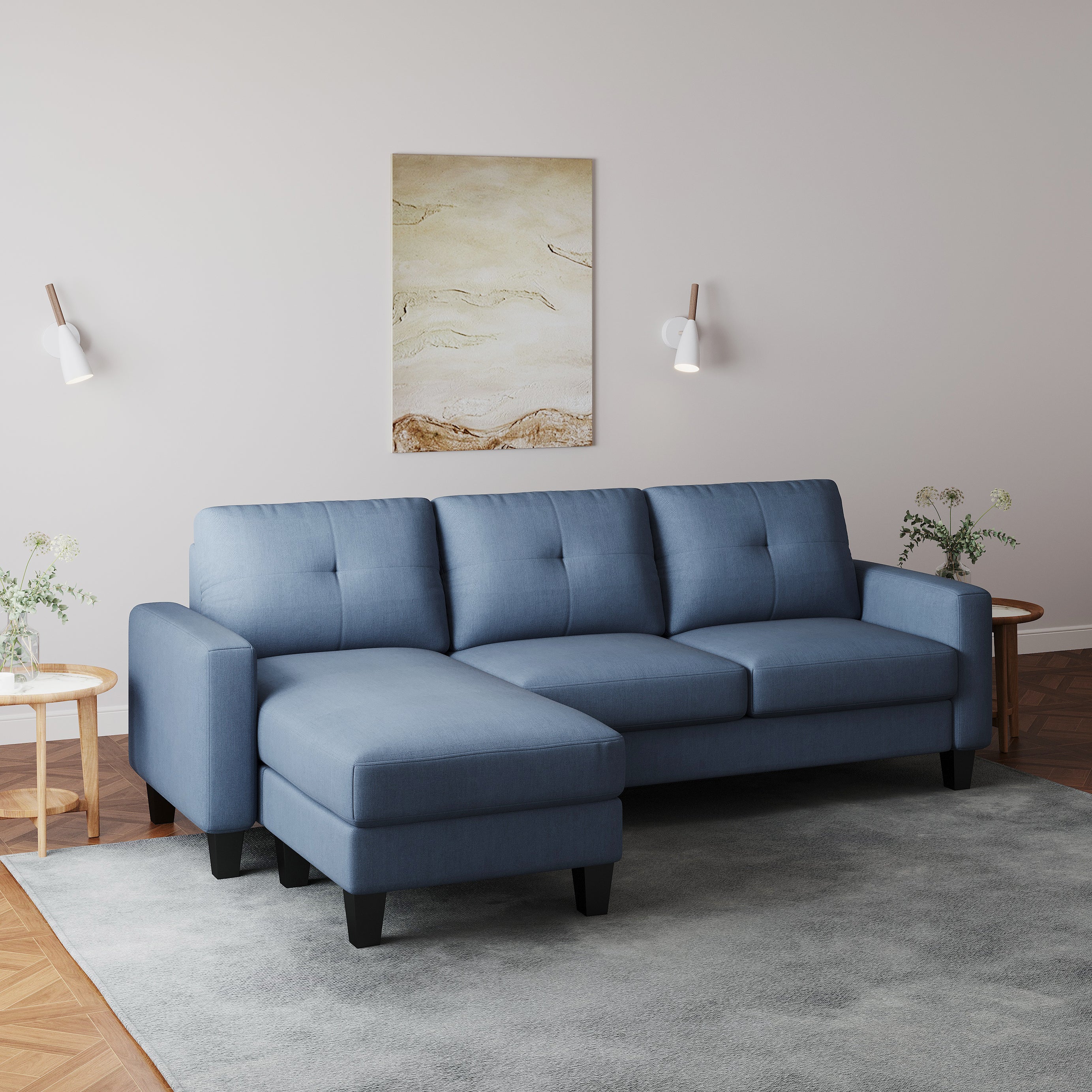 Living Room Furniture with Polyester Fabric L Shape Couch Corner Sofa for Small Space Blue--1