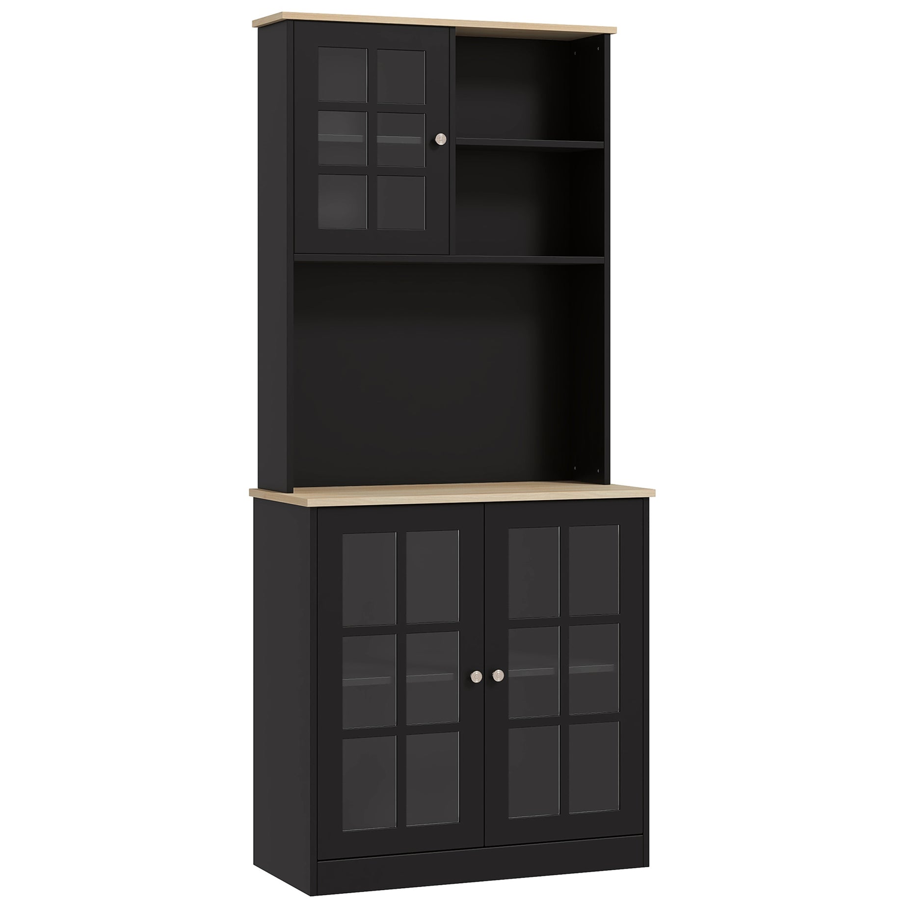 HOMCOM Kitchen Pantry Cabinet, 72" Freestanding Storage Cabinet with Hutch, Large Countertop, Glass Doors and Adjustable Shelves, Microwave Cabinet, Coffee Bar Cabinet for Dining Room, Black--1