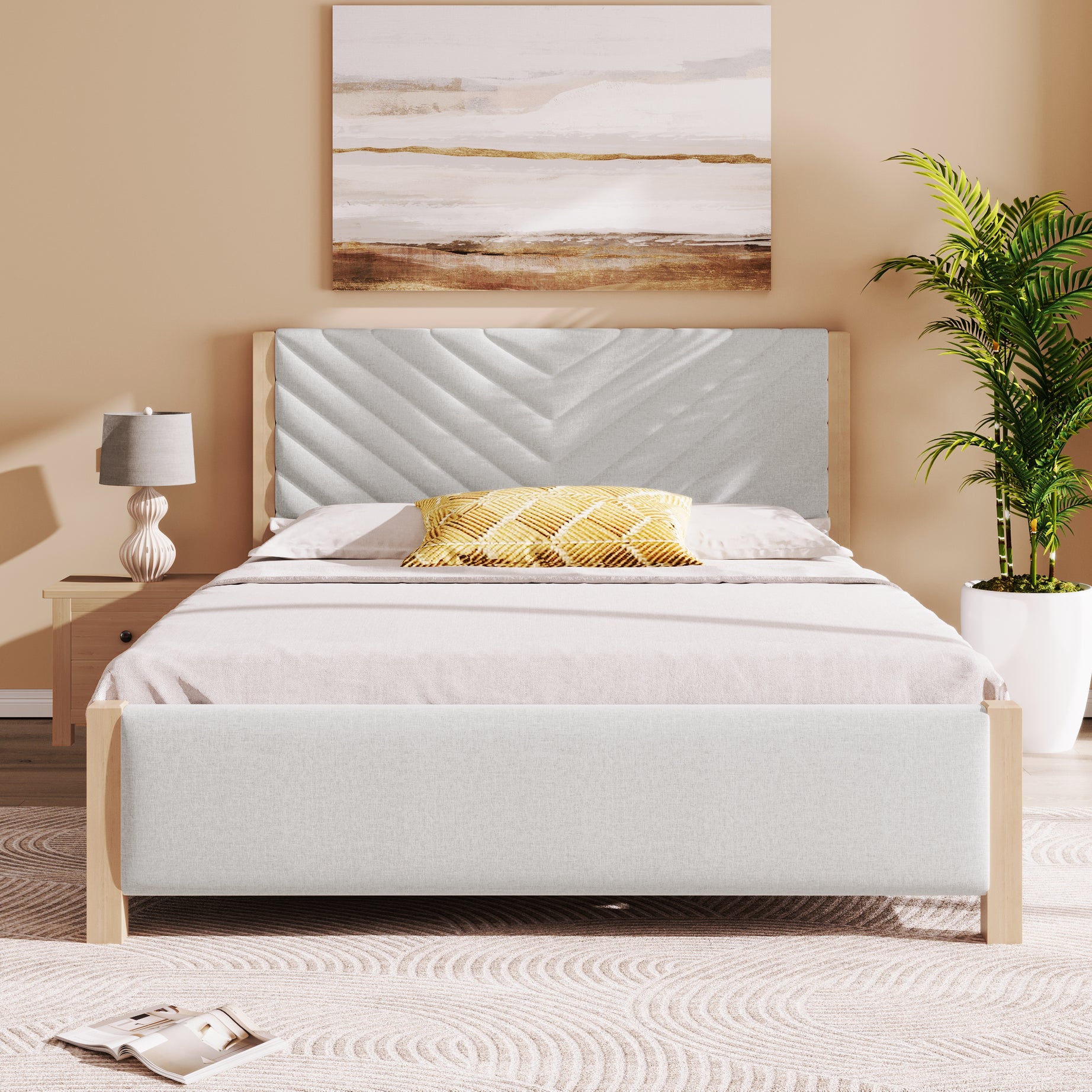 Modern Mid-Century Queen Upholstered Platform Bed Frame with Tufted Headboard and Solid Wood Legs,No Box Spring Needed,Beige--1