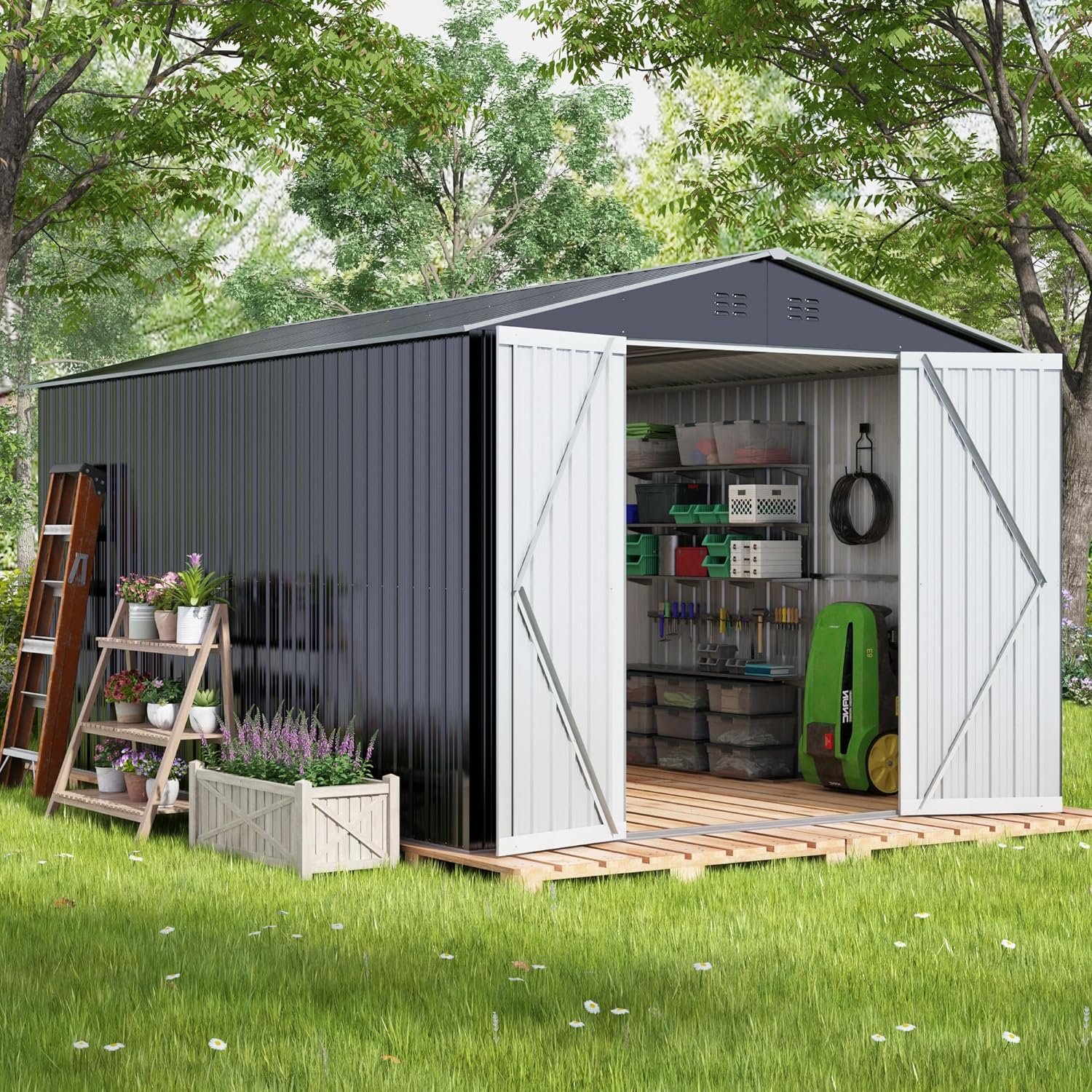 Outdoor Sheds 8FT x 12FT & Outdoor Storage Clearance, Metal Anti-Corrosion Utility Tool House with Lockable Door & Shutter Vents, Waterproof Storage Garden Shed for Backyard Lawn Patio--1