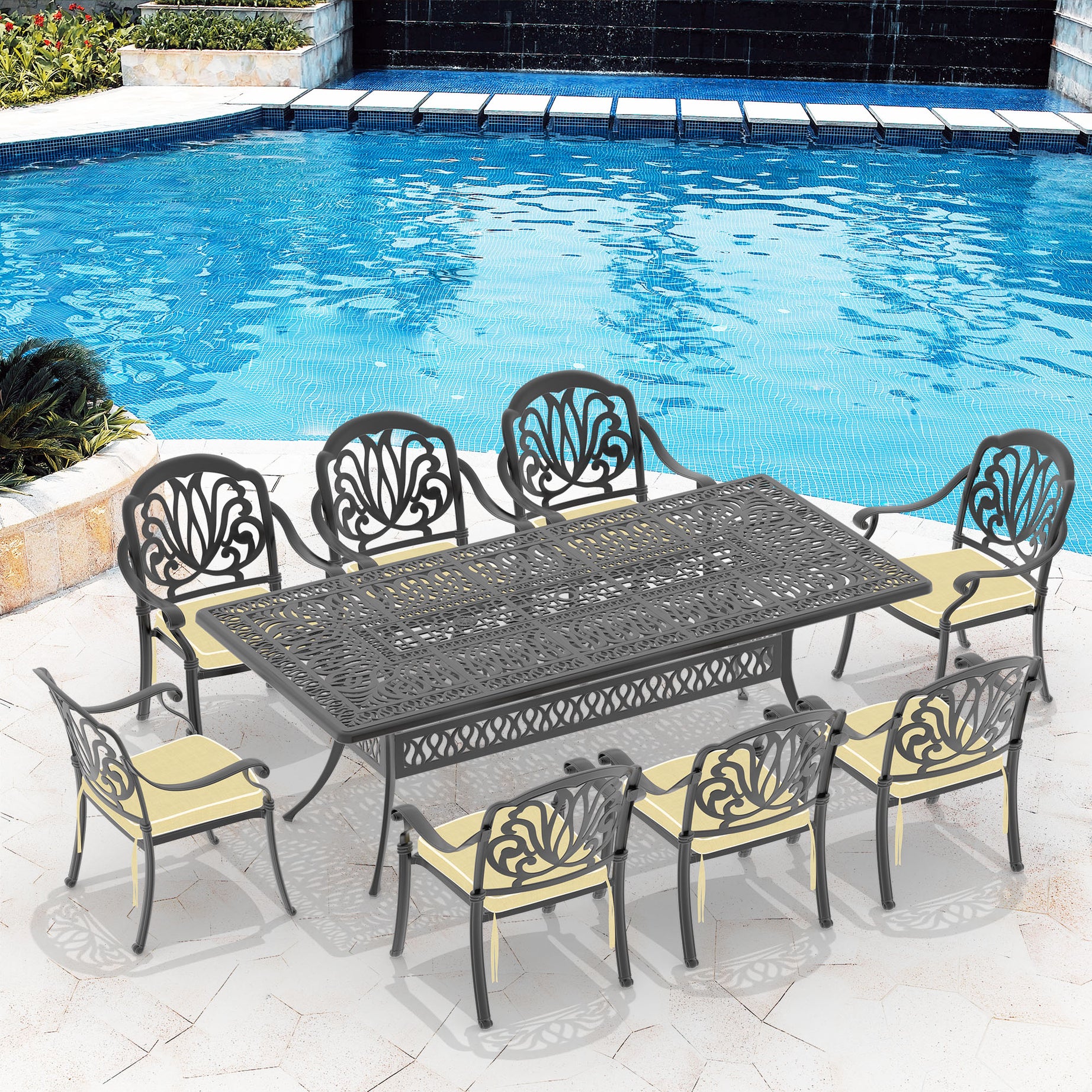 (Cushions In  Random Colors)9-Piece Set Of Cast Aluminum Patio Furniture With  Cushions--1