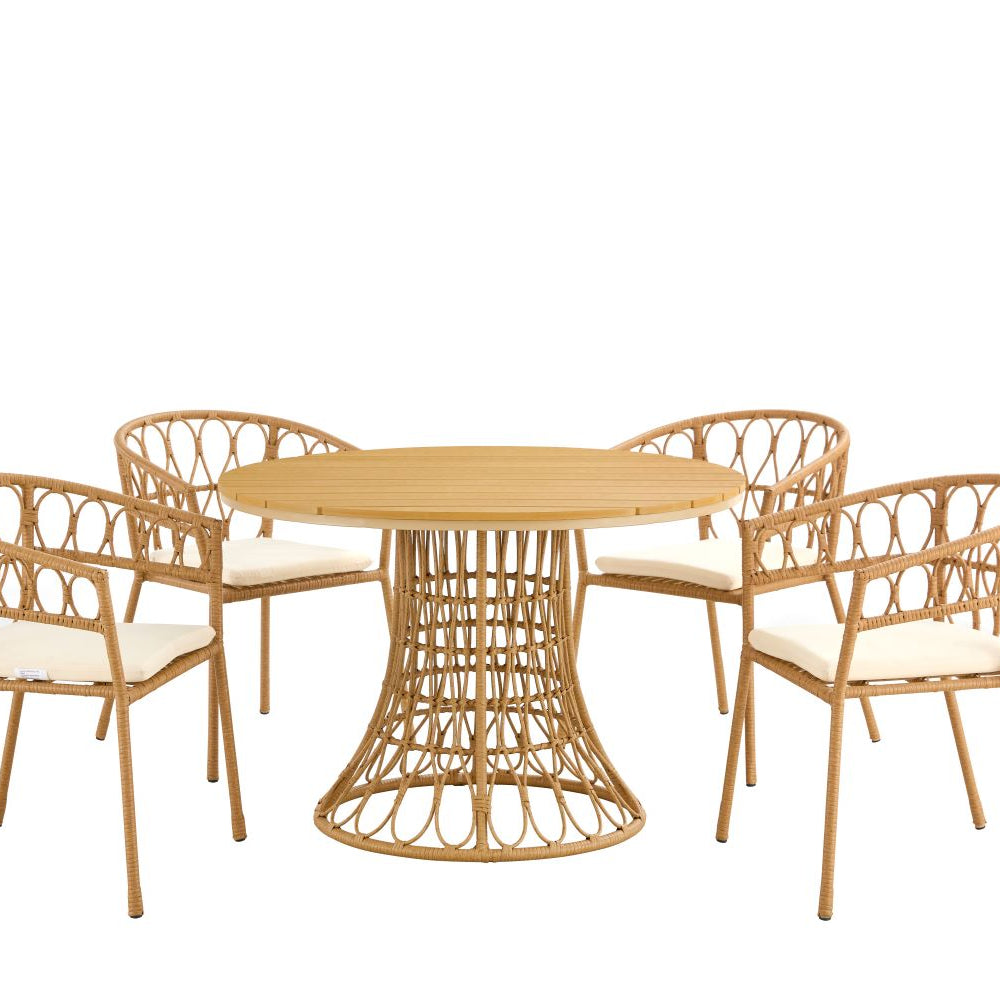 Outdoor dining set of 5,  simple bamboo dinning table , PE ratten round table 110CM plastic wood top, Bamboo looking ratten base, 4 dinning chairs with cushion, stackable--1