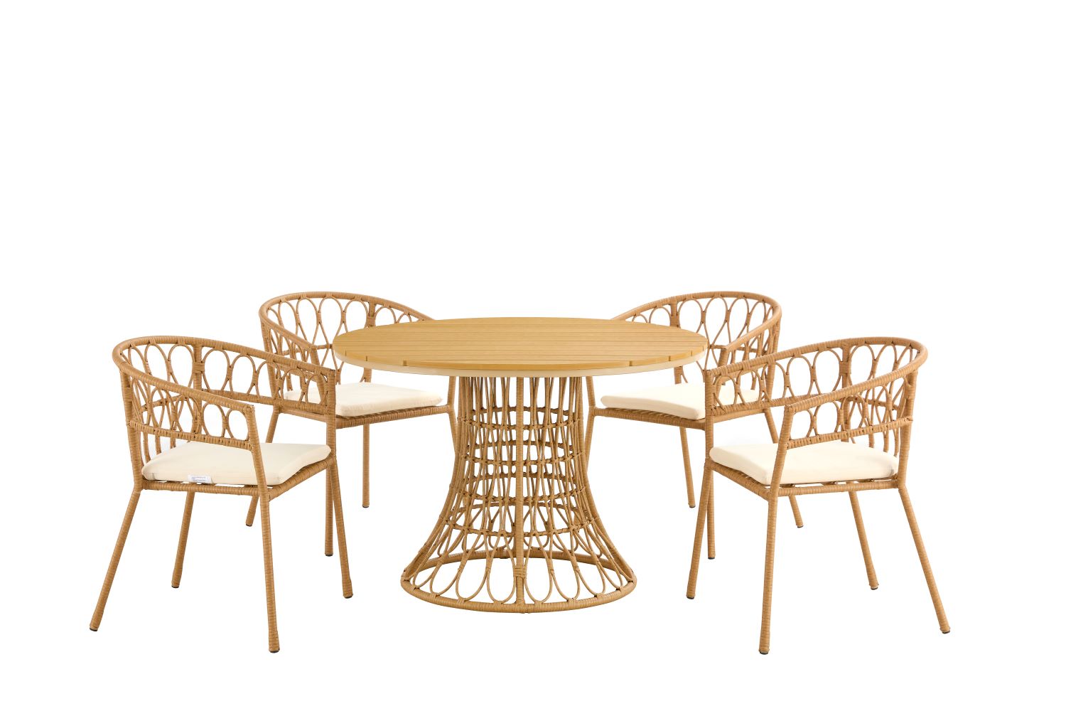 Outdoor dining set of 5,  simple bamboo dinning table , PE ratten round table 110CM plastic wood top, Bamboo looking ratten base, 4 dinning chairs with cushion, stackable--1