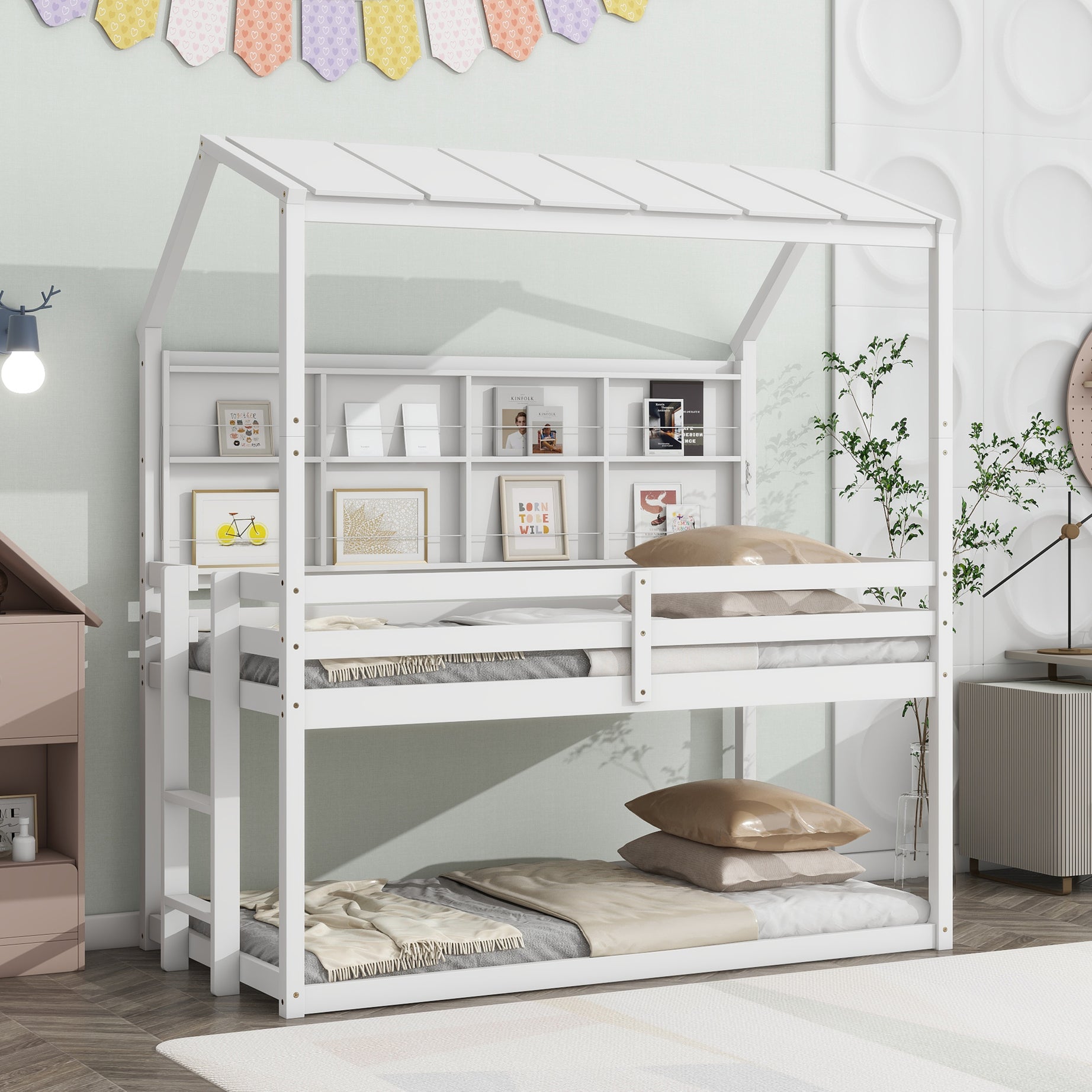 Twin House Loft Bed with Guardrails, Semi-enclosed Roof, Bedside Shelves and Ladder, White--1