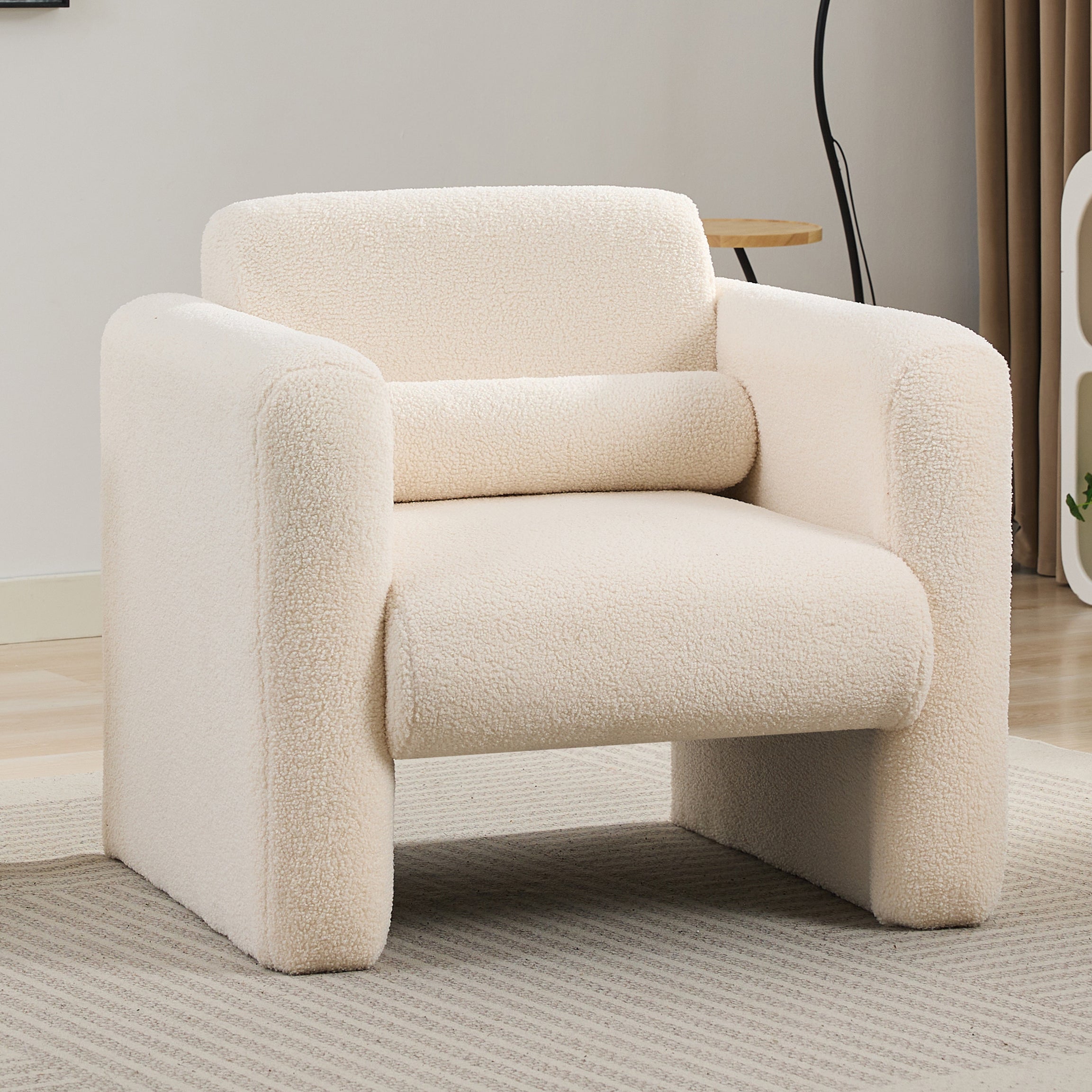 Modern Accent Chair Lambskin Sherpa Fabric Upholstered Comfy Reading Arm Chair Soft Padded Armchair with Back and Pillow for Living Room Bedroom Reception Waiting Room Office, Cream--1