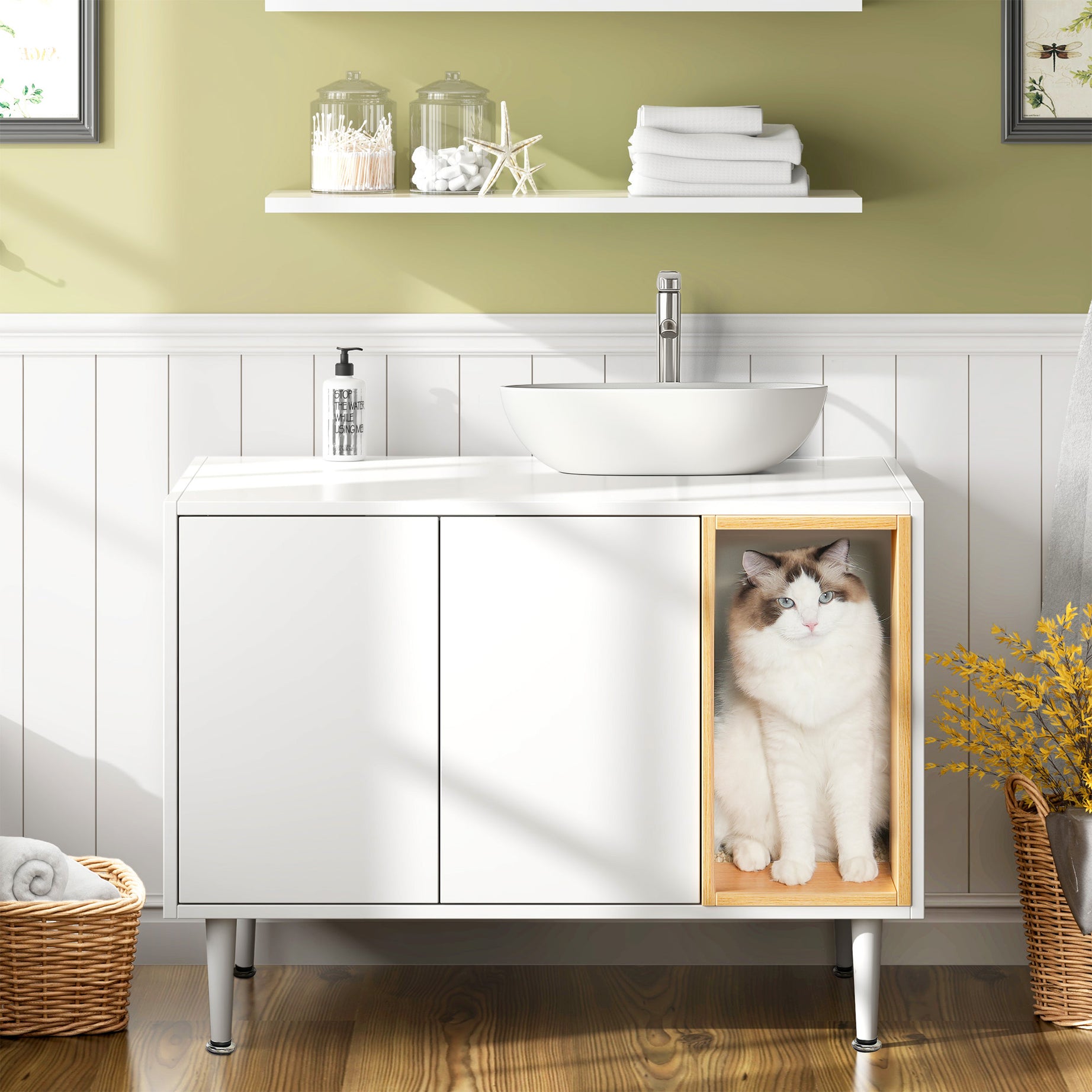 bathroom sink cabinet with Cat Litter Box enclosure, Hidden Litter Pet Washroom with Divider, Indoor Cat House for Large Cats, Wooden Cabinet Furniture, White--1