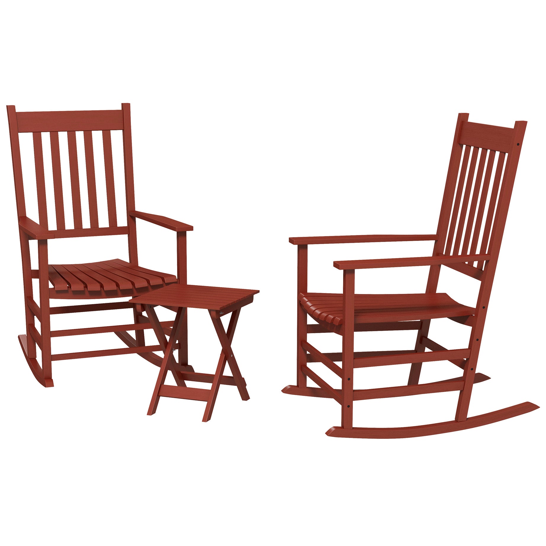 Outsunny Outdoor Rocking Chair Set of 2 with Side Table, Patio Wooden Rocking Chair with Smooth Armrests, High Back for Garden, Balcony, Porch, Supports Up to 352 lbs., Wine Red--1