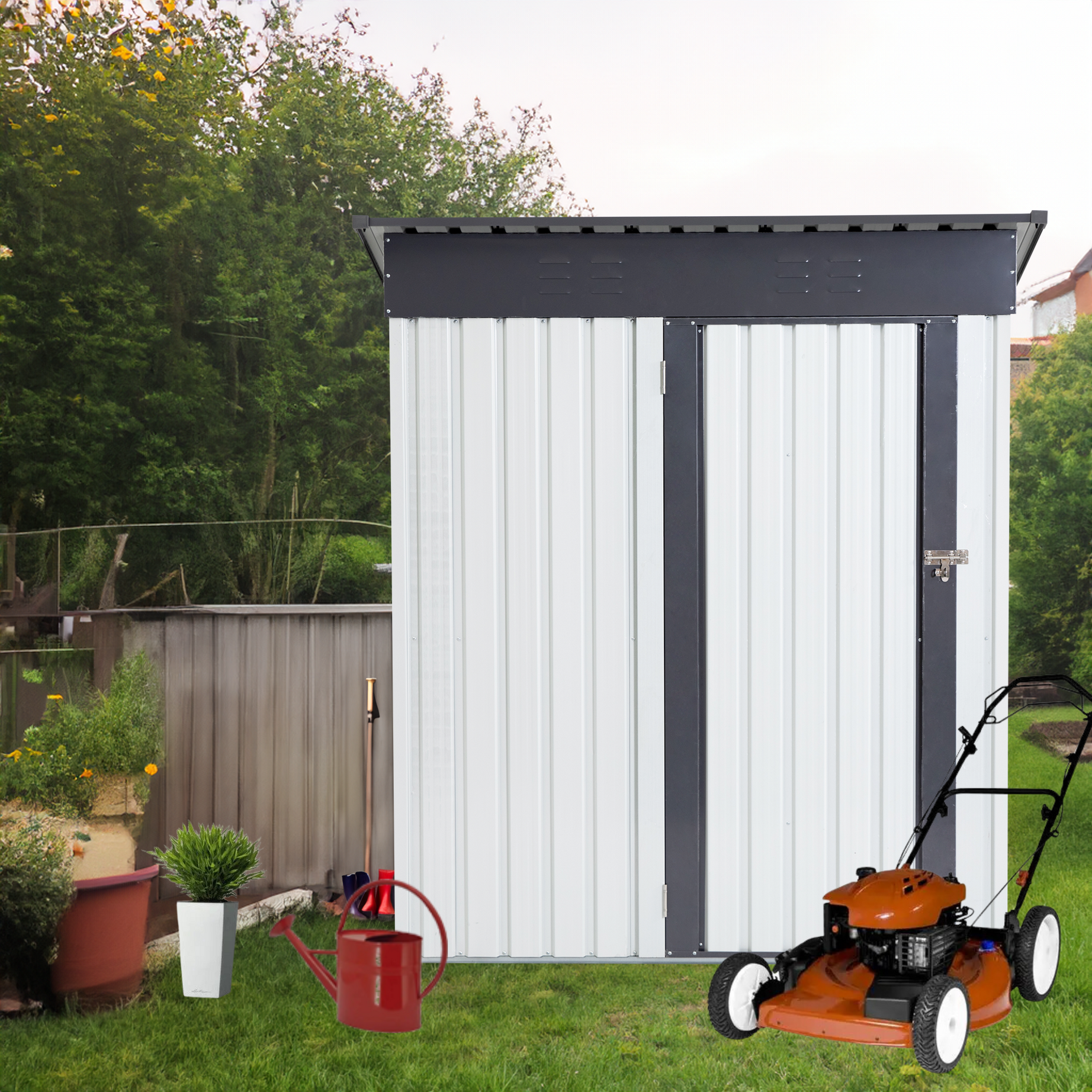 XWT016 Garden Metal Storage Lifter Shed Gray White 5x3x6ft outdoor storing tools Rainproof Hinge door version--1