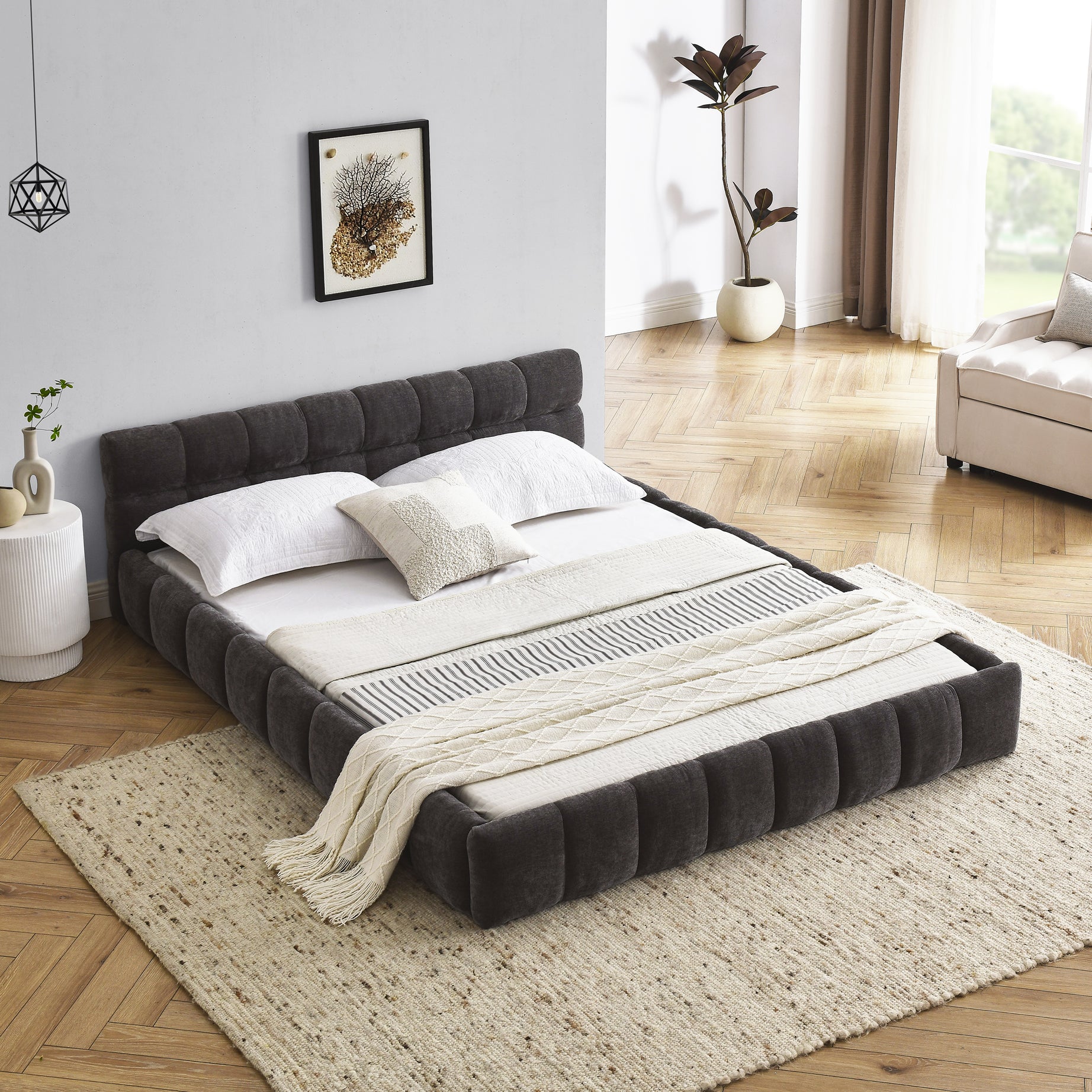 Queen Size Upholstered Bed Frame with Thick Fabric, Chenille Fabric Grounded Queen Size Platform Bed with Headboard and Solid Frame. No Box Spring Needed, Dark Grey(68''*86.5''*23.5'')--1