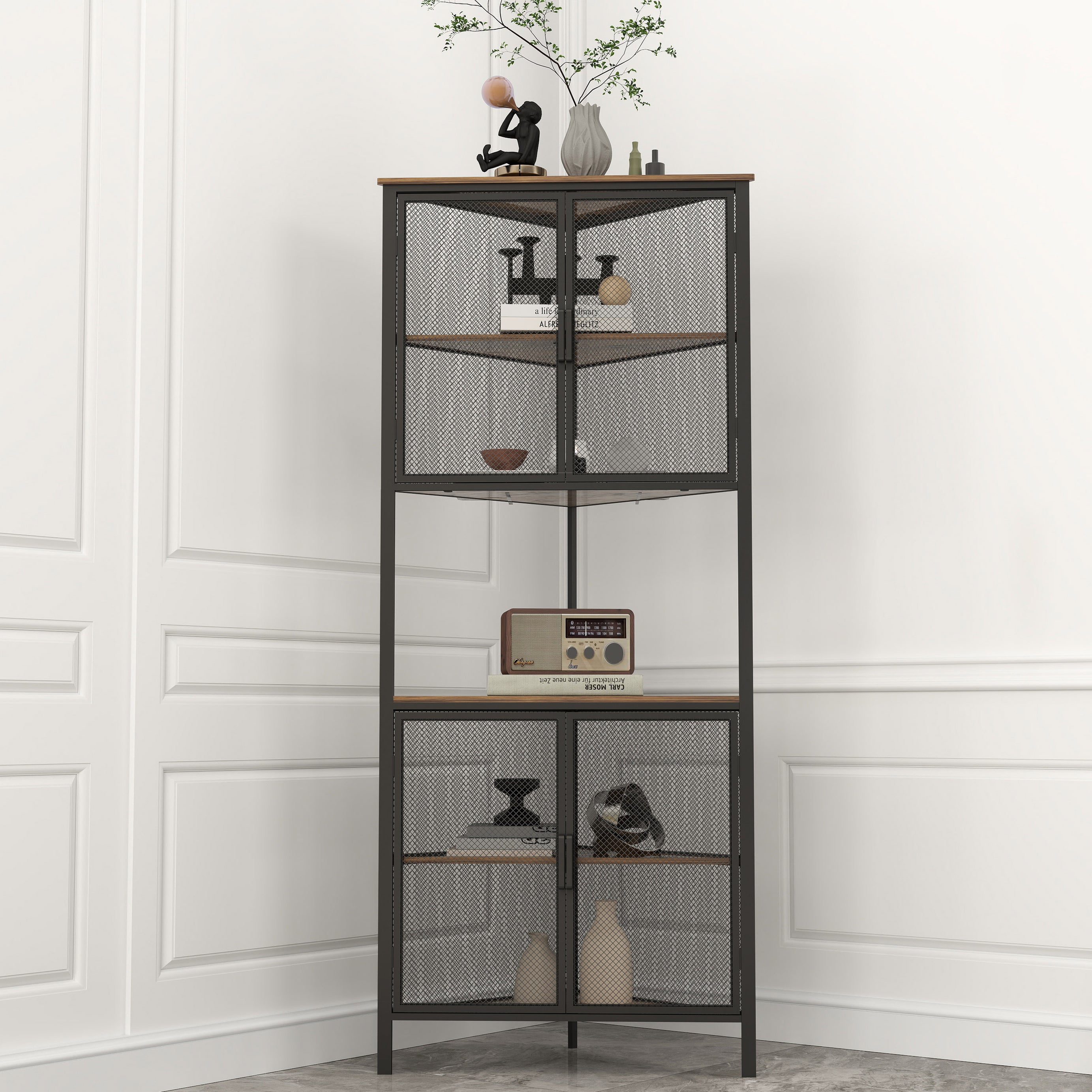 5-Tier Shelves with Metal Mesh Door, Bookcase Storage Shelf Corner Shelf for Small Space, Living Room--1