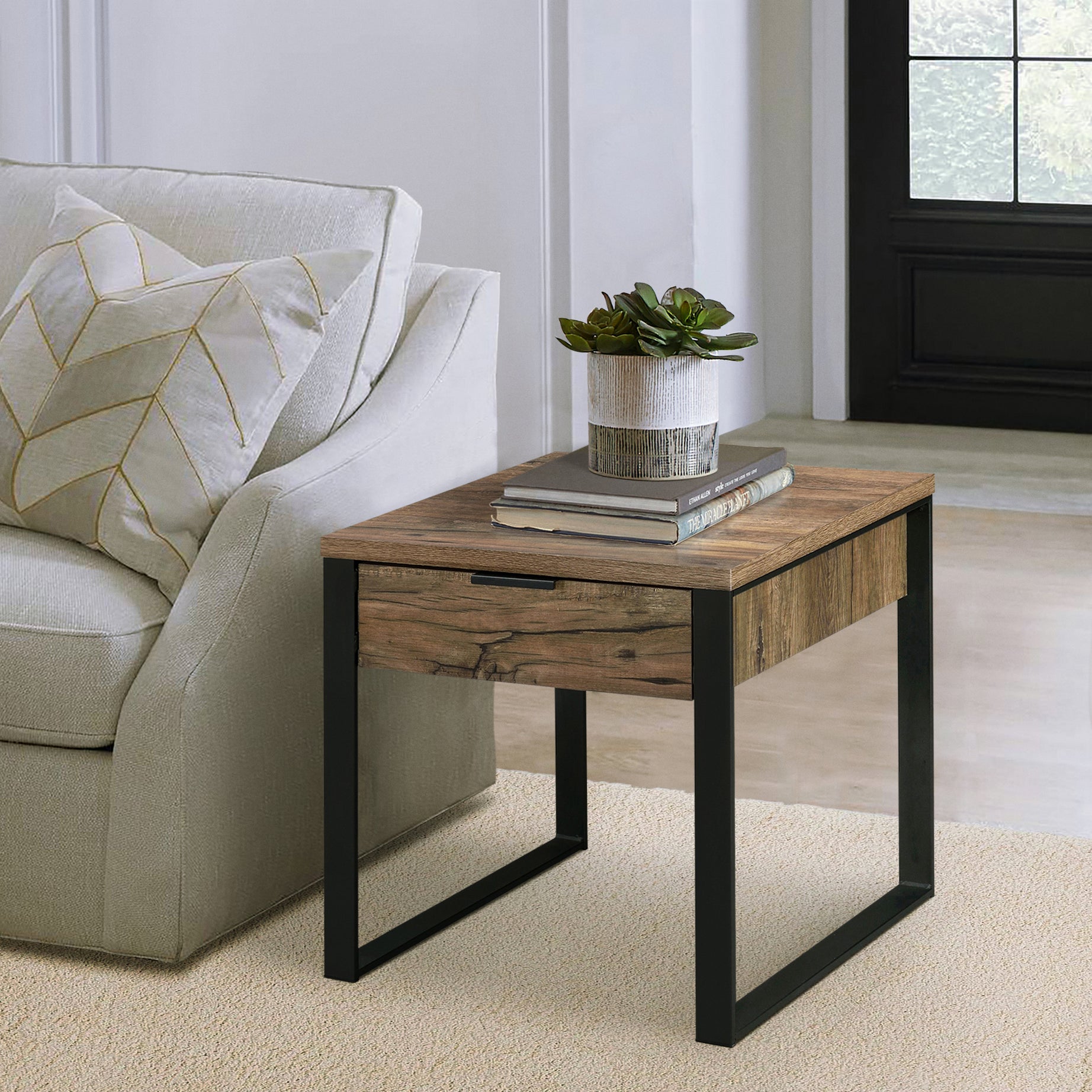 Weathered Oak and Black End Table with 1 Drawer--1