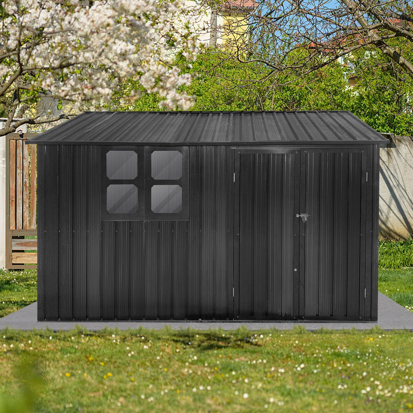 Metal garden sheds 10ftx8ft outdoor storage sheds Dark-grey with window--1