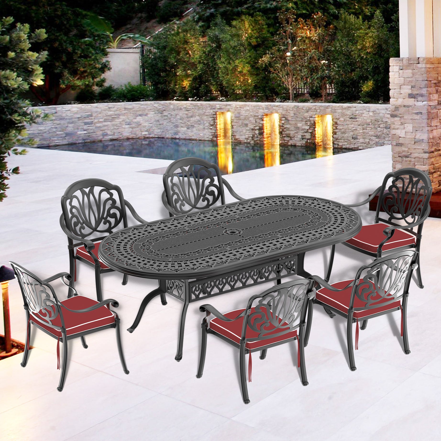 (Cushions In  Random Colors)7-Piece Set Of Cast Aluminum Patio Furniture With  Cushions--1