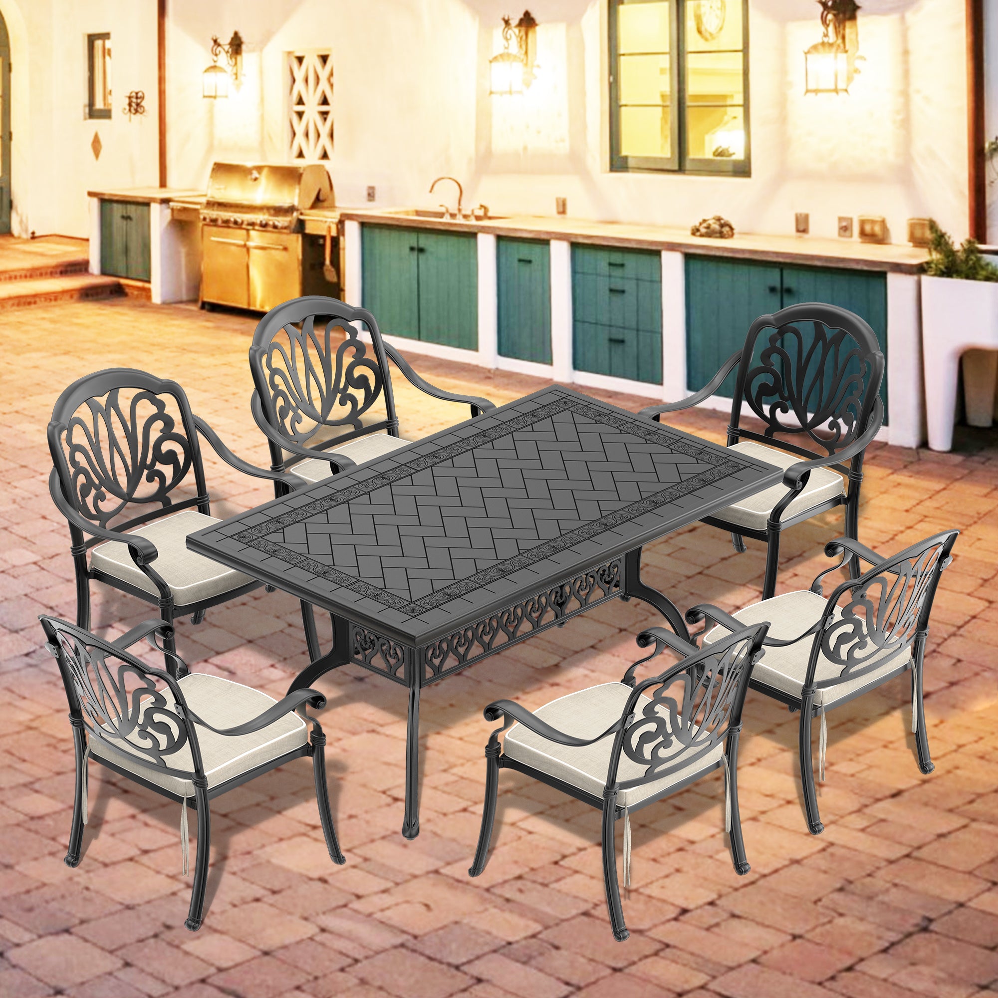 (Cushions In  Random Colors)7-Piece Set Of Cast Aluminum Patio Furniture With  Cushions--1