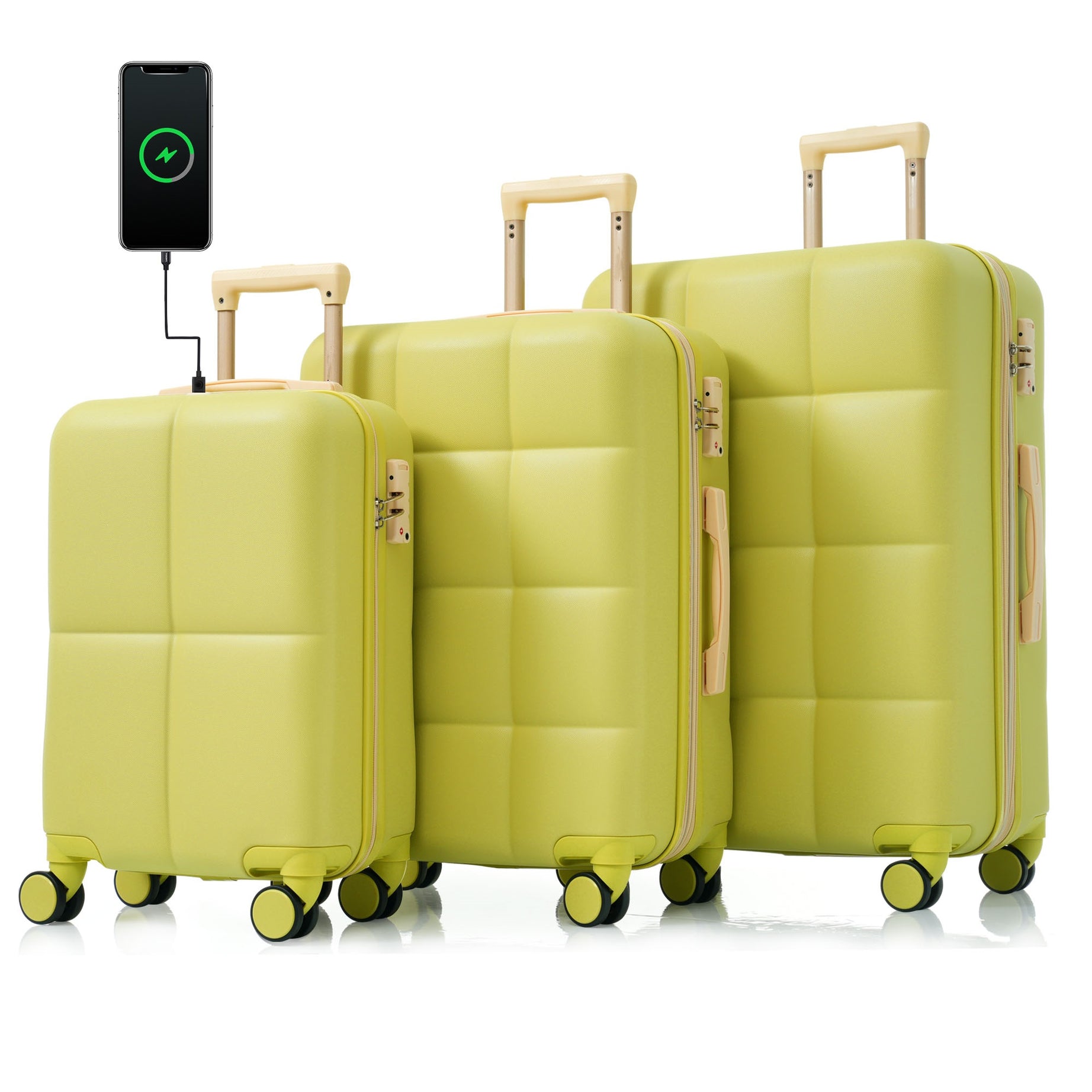 Luggage Set of 3, 20-inch with USB Port, Airline Certified Carry-on Luggage with Cup Holder, ABS Hard Shell Luggage with Spinner Wheels, olive yellow--1