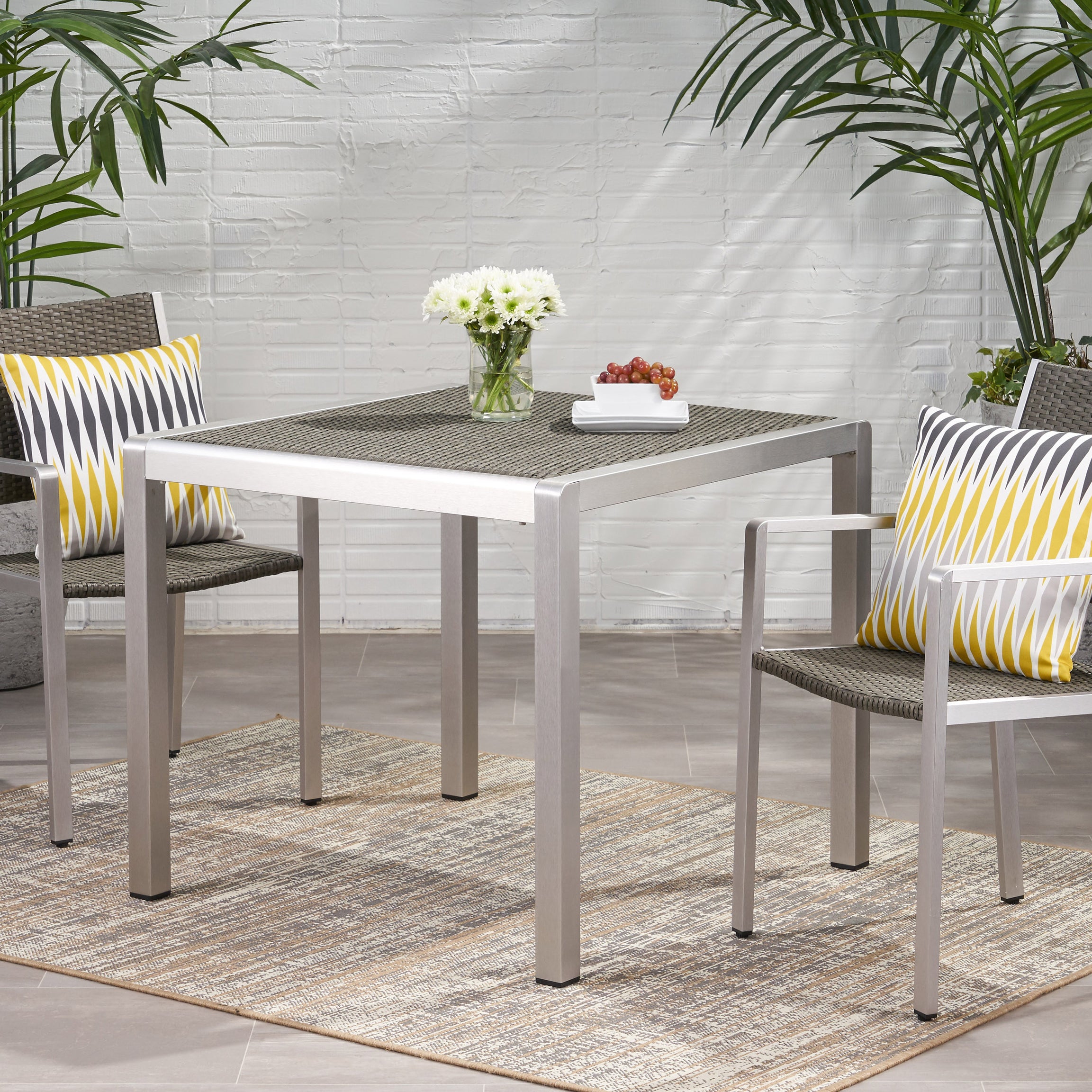 Outdoor Dining Table - Anodized Aluminum - Wicker Table Top - Square - Silver and Gray - 35"--1