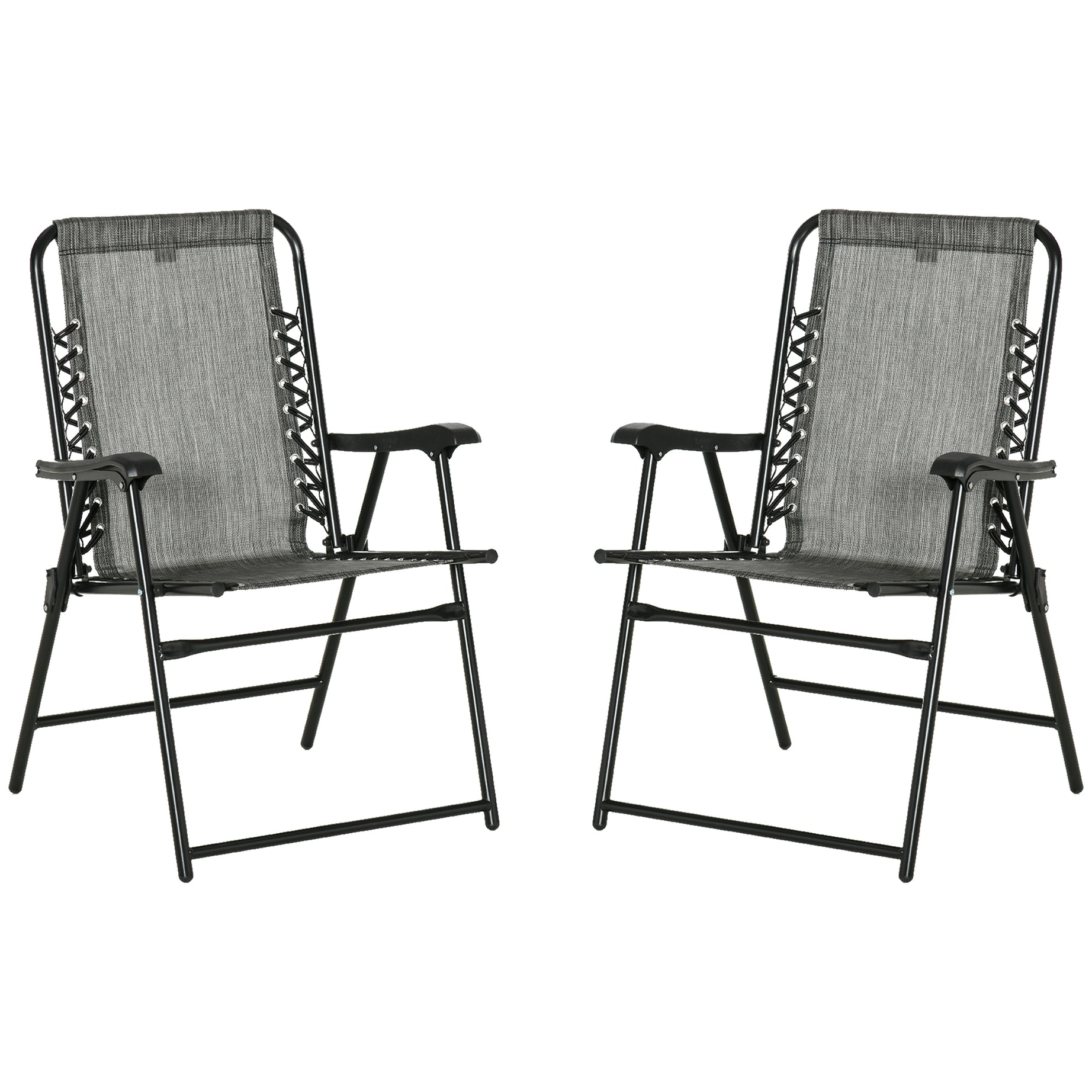 Outsunny Set of 2 Patio Folding Chairs, Outdoor Bungee Sling Chairs w/ Armrests, Portable Lawn Chairs for Camping, Garden, Pool, Beach, Backyard, Gray--1