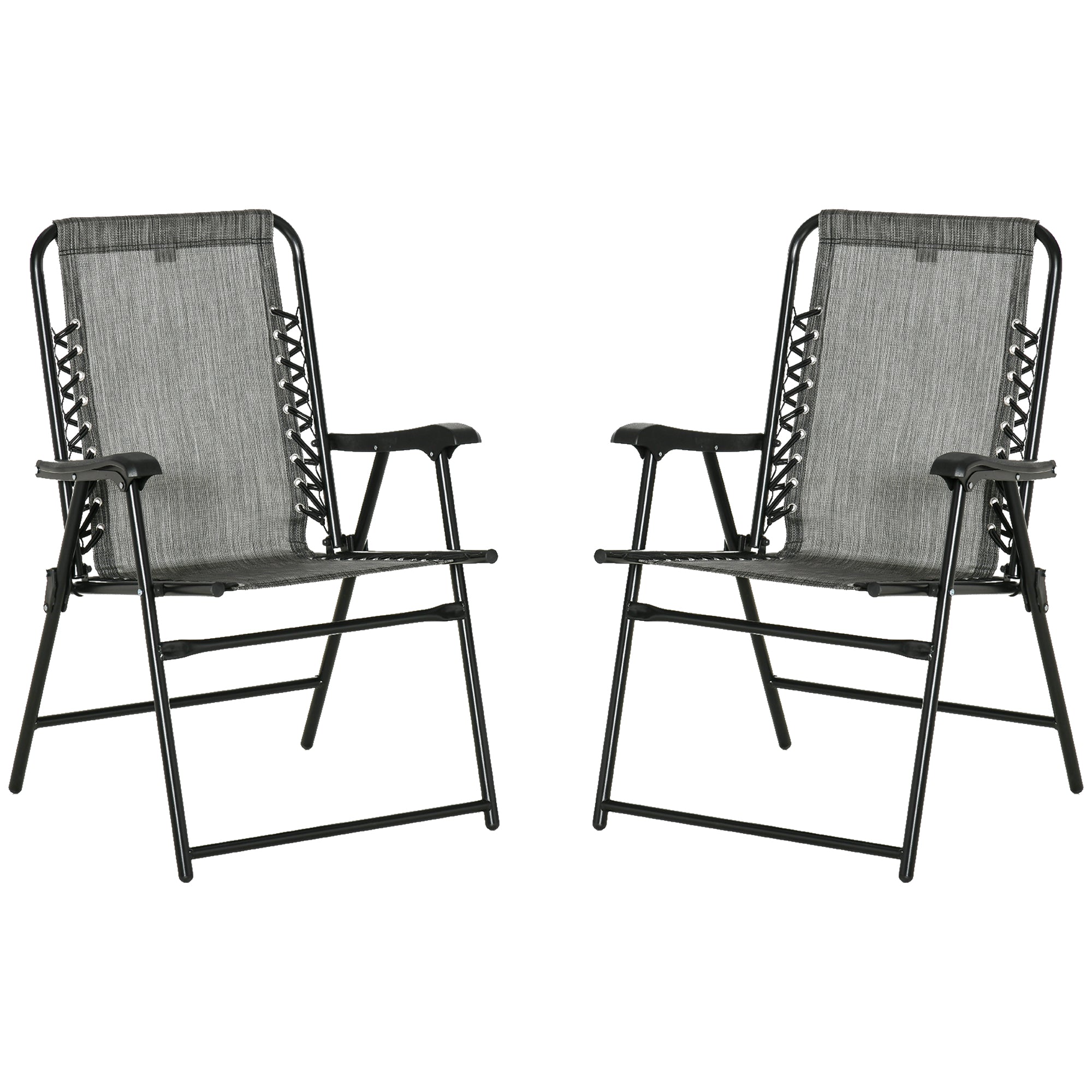 Outsunny Set of 2 Patio Folding Chairs, Outdoor Bungee Sling Chairs w/ Armrests, Portable Lawn Chairs for Camping, Garden, Pool, Beach, Backyard, Gray--1