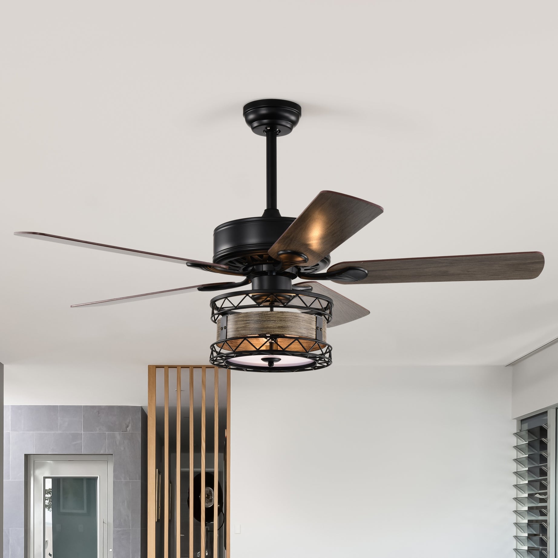 52 Inch Farmhouse 3 Lights Ceiling Fan with 5 Wood Blades, Two-color fan blade, AC Motor, Remote Control, Reversible Airflow, Multi-Speed, Adjustable Height, Traditional Ceiling Fa (No include Bulbs)--1