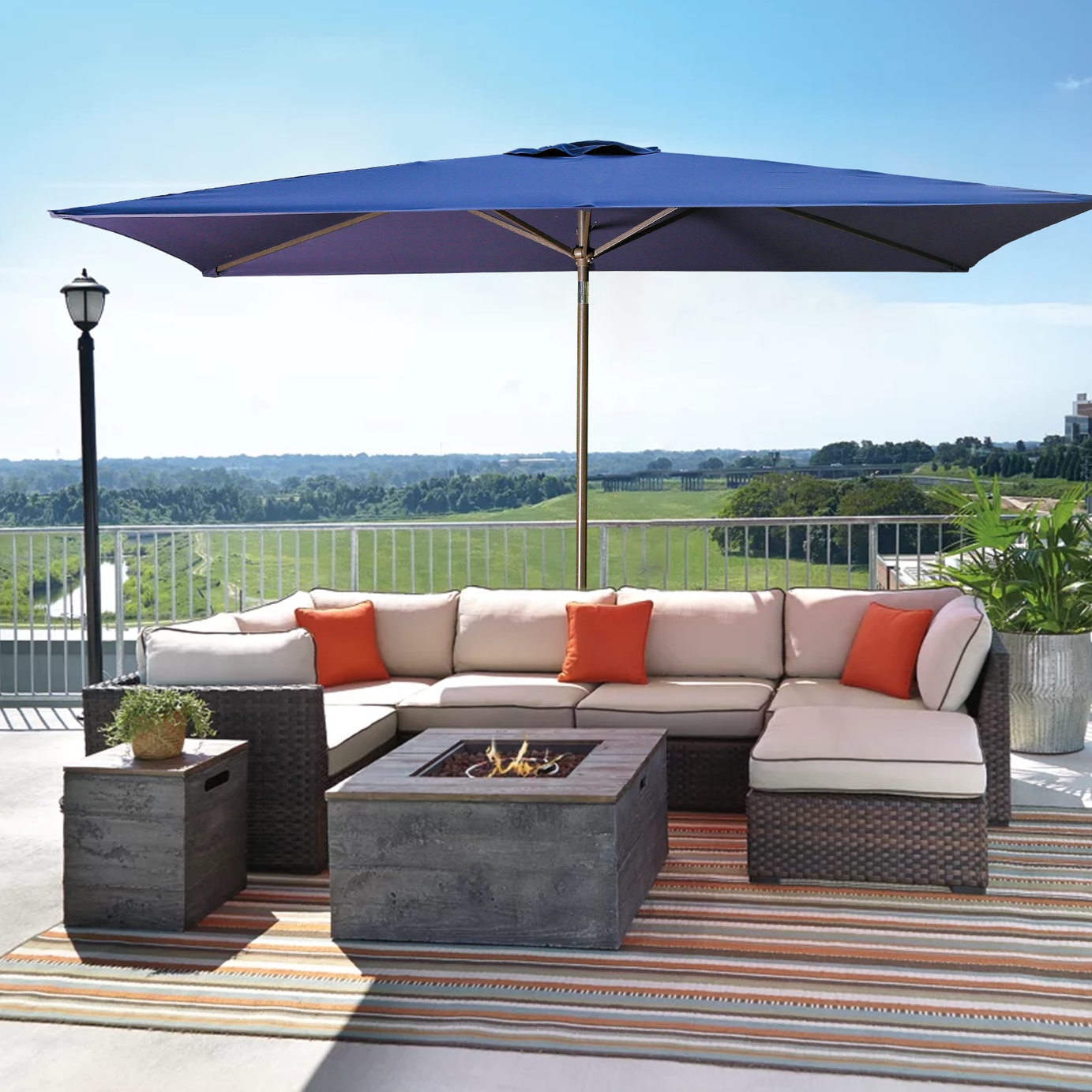 6.5ft * 10ft Rectangular Patio Umbrella with Push Button Tilt & Crank, Outdoor Table Market Umbrella with Aluminum Pole - Navy--1