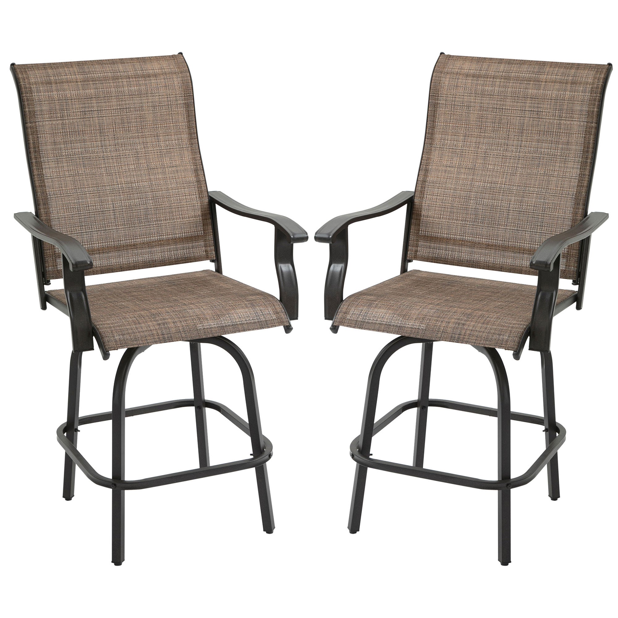 Outsunny Set of 2 Outdoor Swivel Bar Stools with Armrests, Bar Height Patio Chairs with Steel Frame for Balcony, Poolside, Backyard, Brown--1