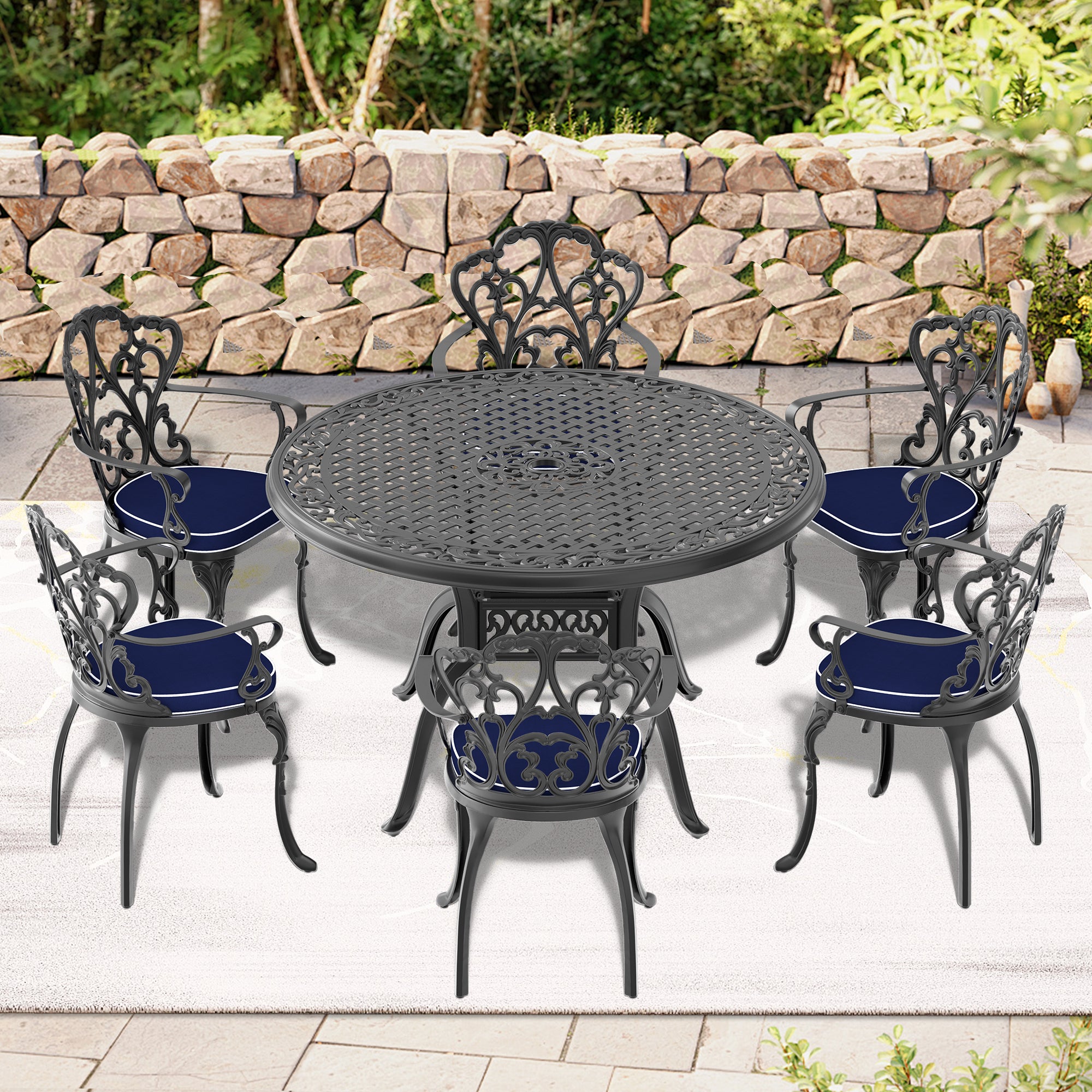 (Cushions In  Random Colors)7-Piece Set Of Cast Aluminum Patio Furniture With  Cushions--1