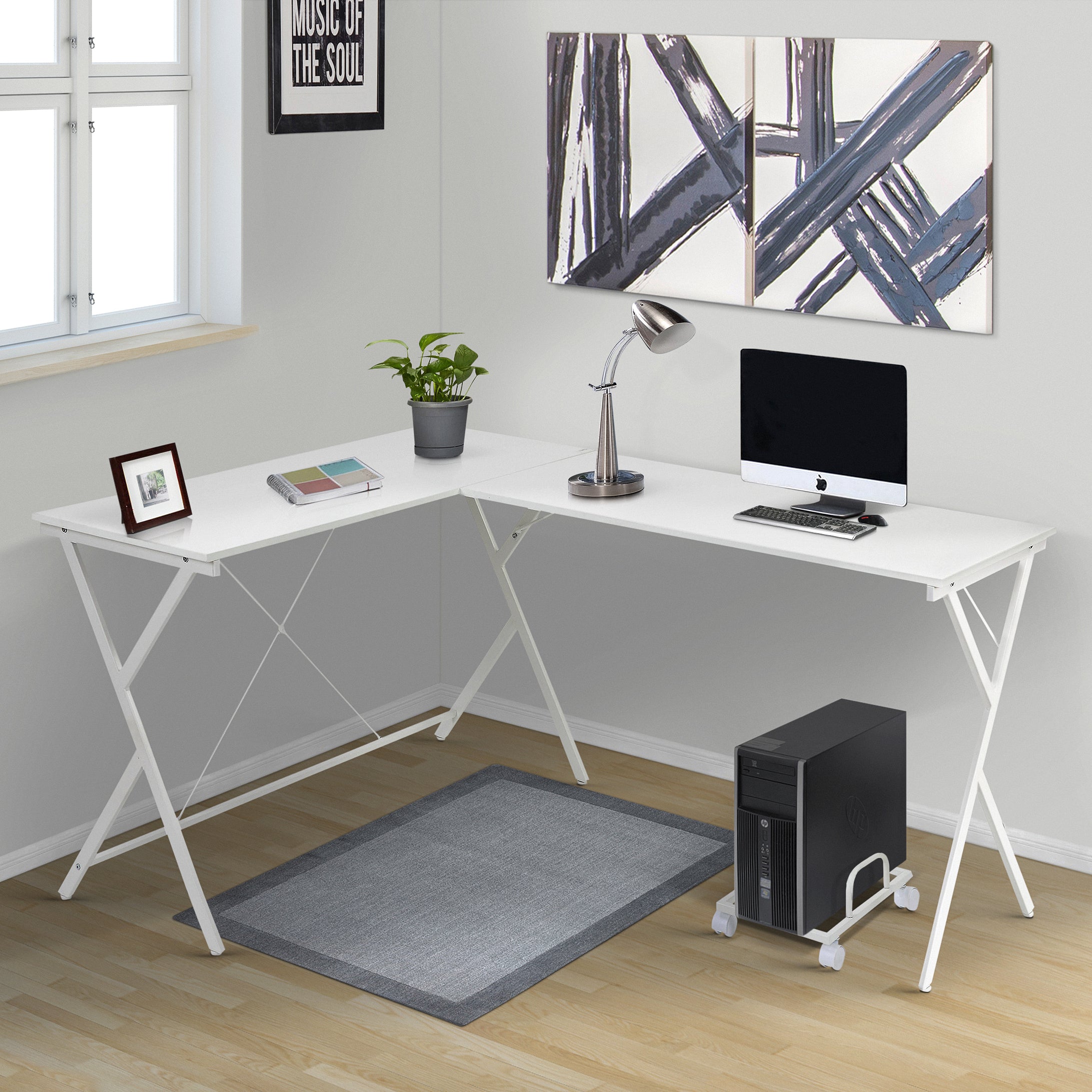 White L-shaped Computer Desk with CPU Holder--1