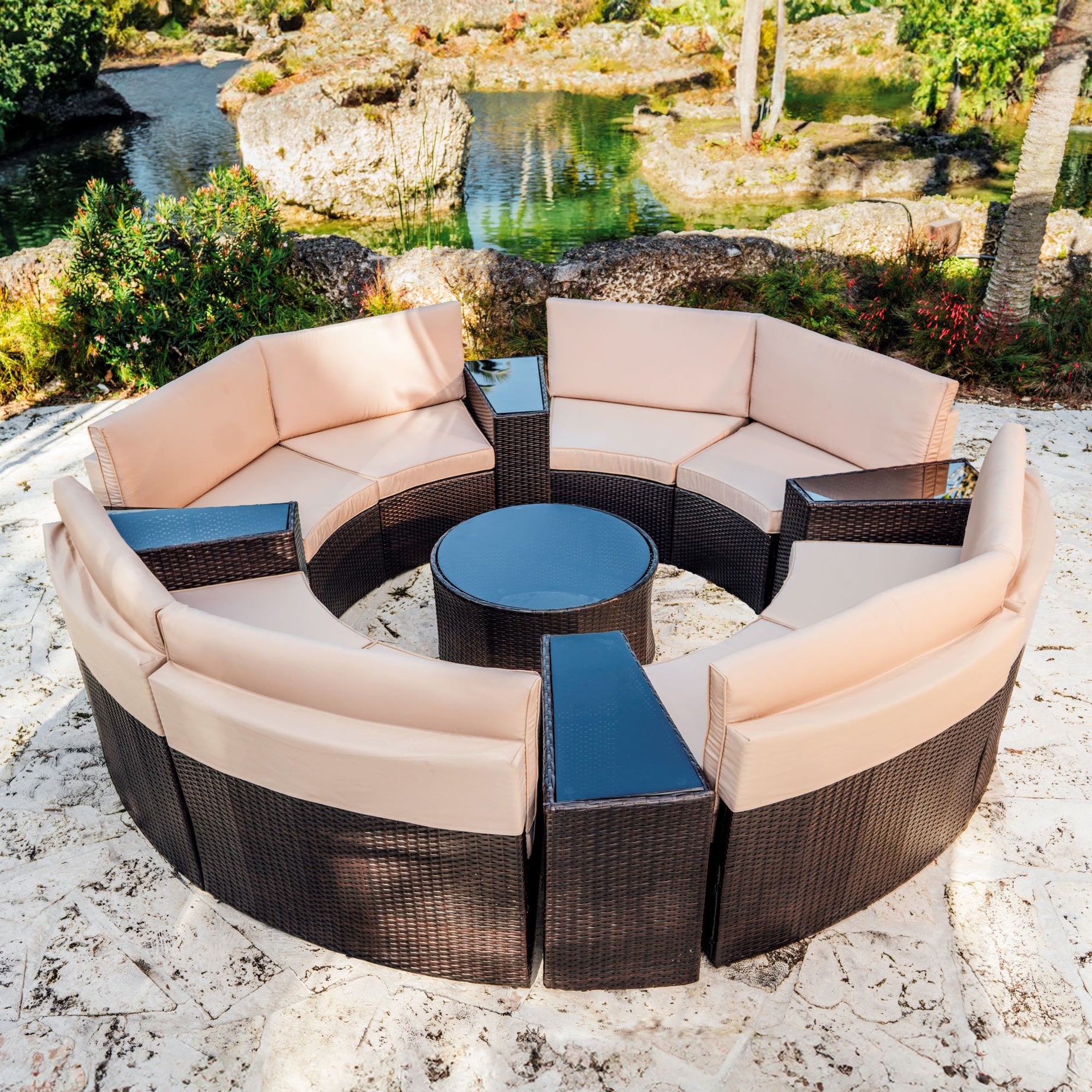 4 Piece Patio Conversation Full Circle Sofa Set- • 8 Armless Chairs
 • 2 End Tables
 • 1 Coffee Table--1