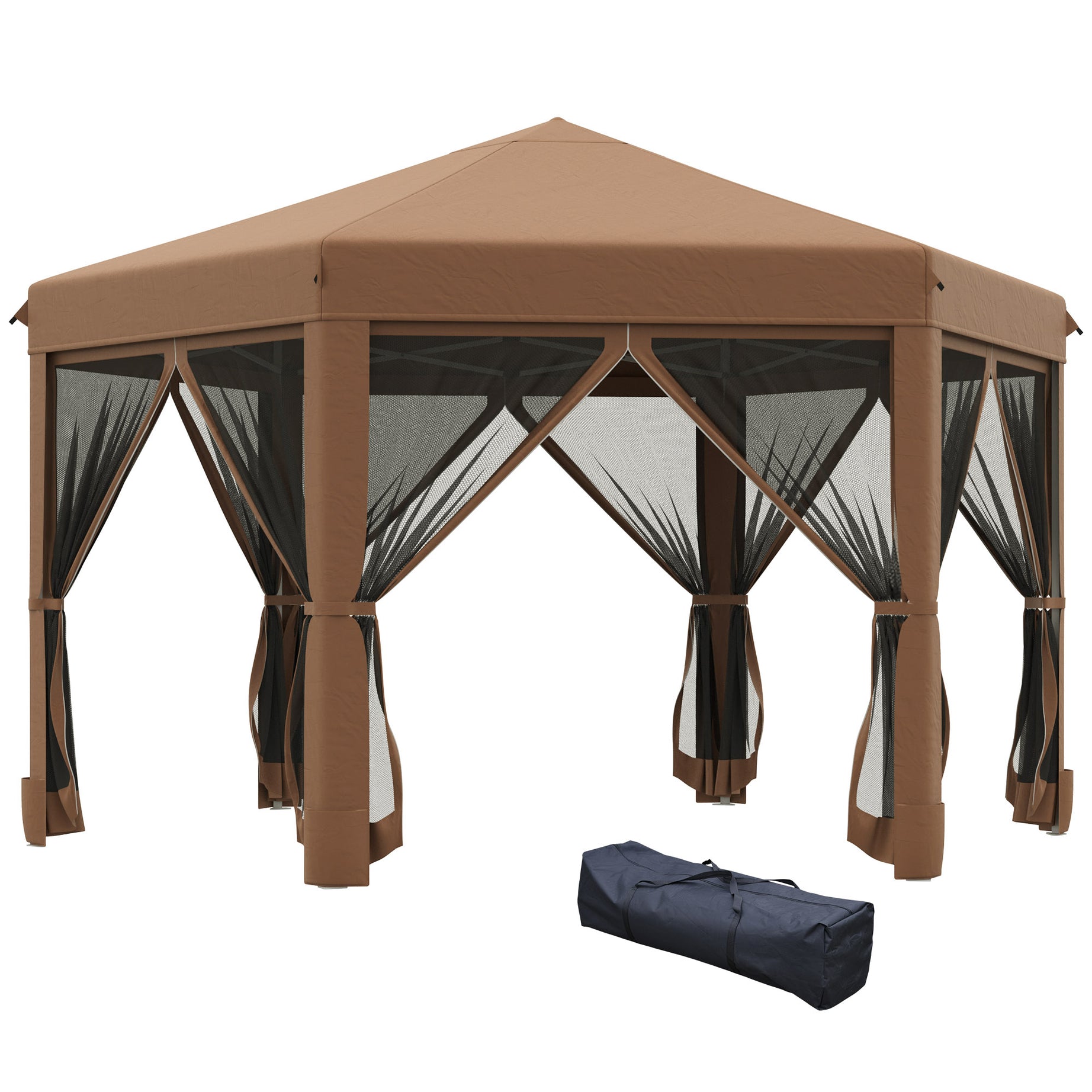 Outsunny 13' x 11' Hexagonal Pop Up Gazebo, Heavy Duty Outdoor Canopy Tent with 6 Mesh Sidewall Netting, 3-Level Adjustable Height and Strong Steel Frame, Brown--1