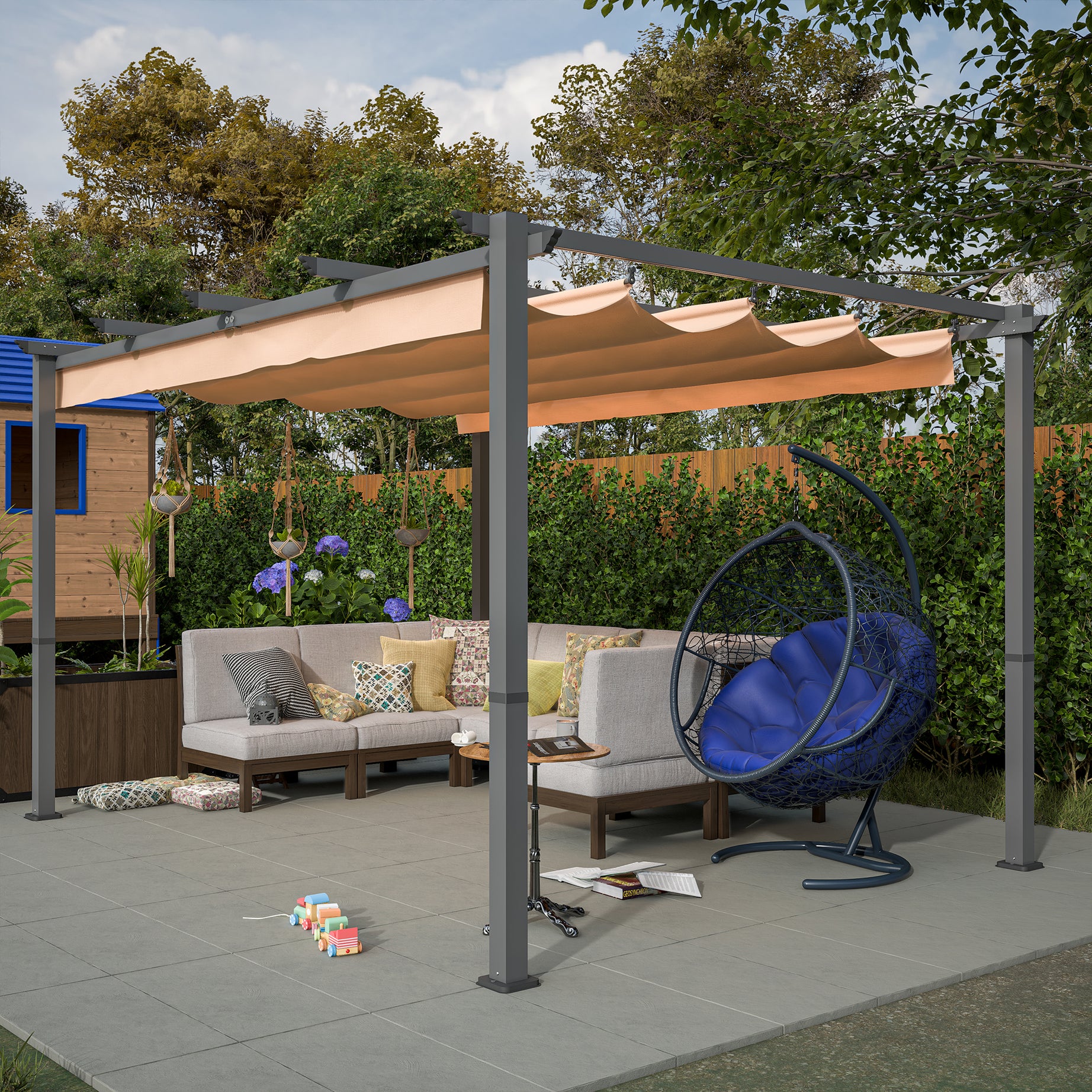 10' x 13' Aluminum Patio Pergola with Retractable Pergola Canopy, Backyard Shade Shelter for Porch, Outdoor Party, Garden, Grill Gazebo, Khaki--1