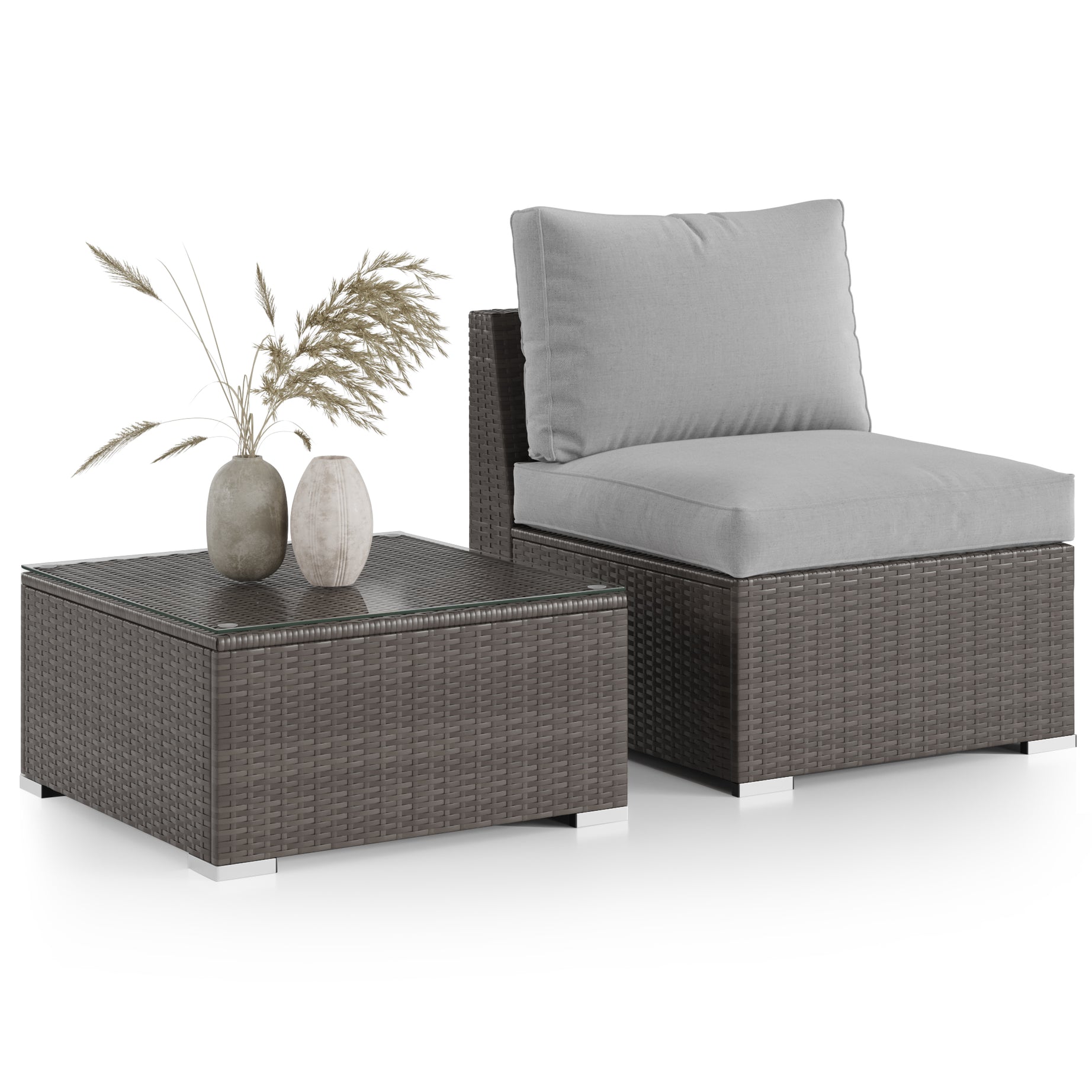 2 Pieces Patio Furniture Sets with Coffee Table PE rattan Water Resistance - Grey--1