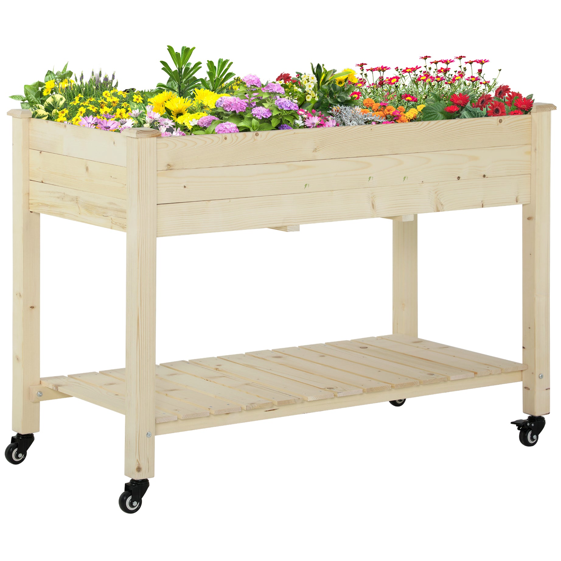 Outsunny Raised Garden Bed, 47" x 22" x 33", Elevated Wooden Planter Box w/ Lockable Wheels, Storage Shelf, and Bed Liner for Backyard, Patio, Natural--1